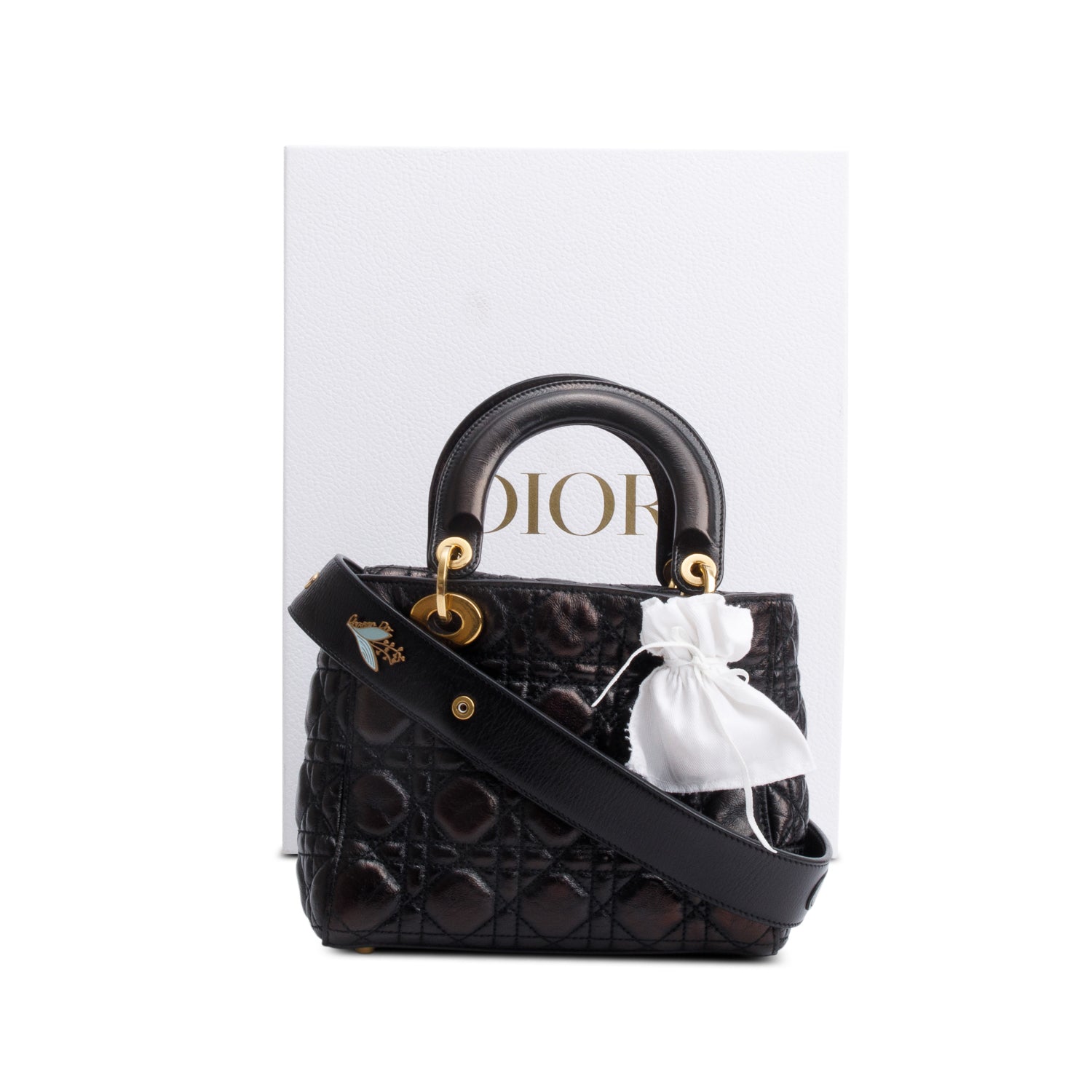 Christian Dior Black Cannage Crinkled Patent Leather Small Lucky Badges Lady Dior Bag w/ Strap, Box & Authenticity Card