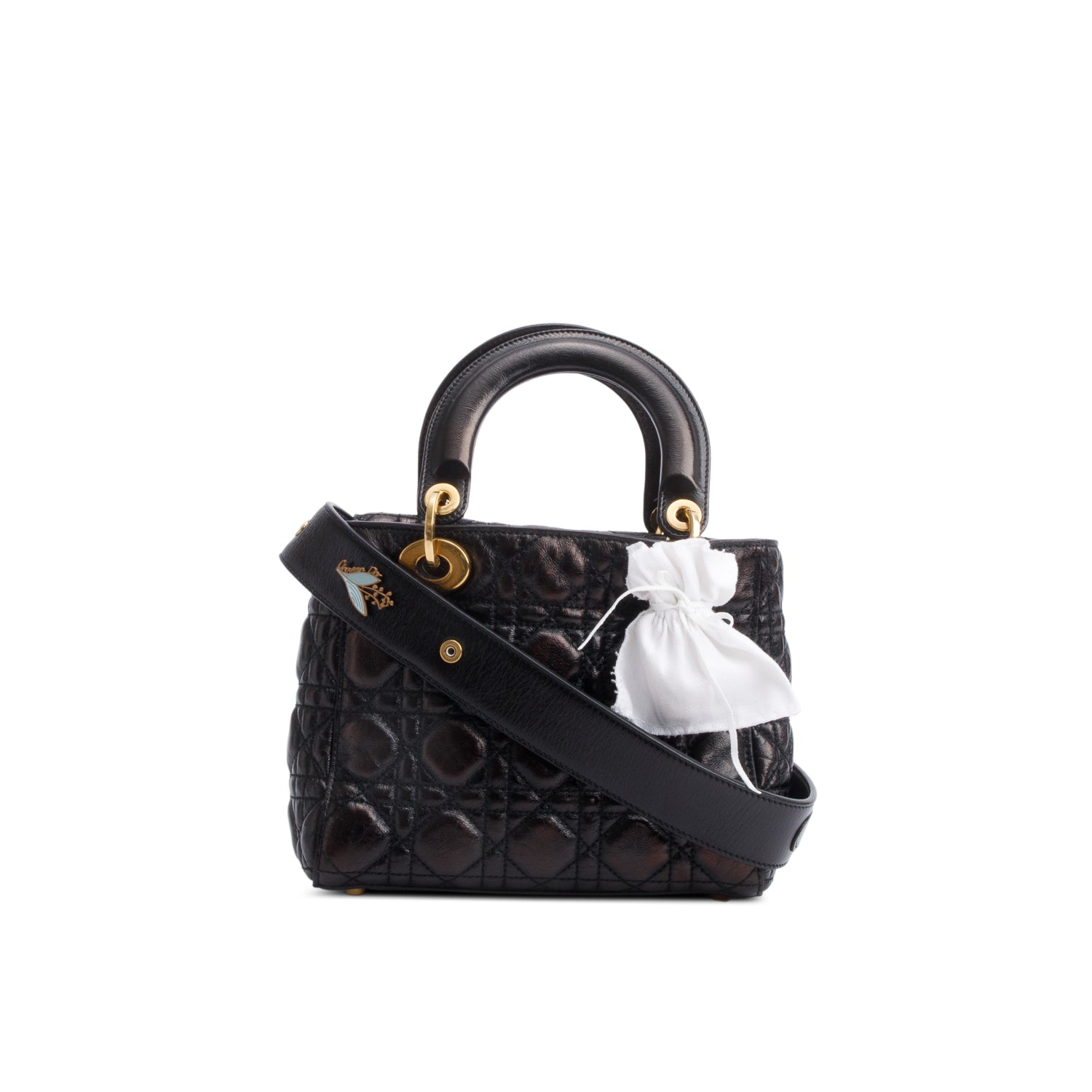 Christian Dior Black Cannage Crinkled Patent Leather Small Lucky Badges Lady Dior Bag w/ Strap, Box & Authenticity Card