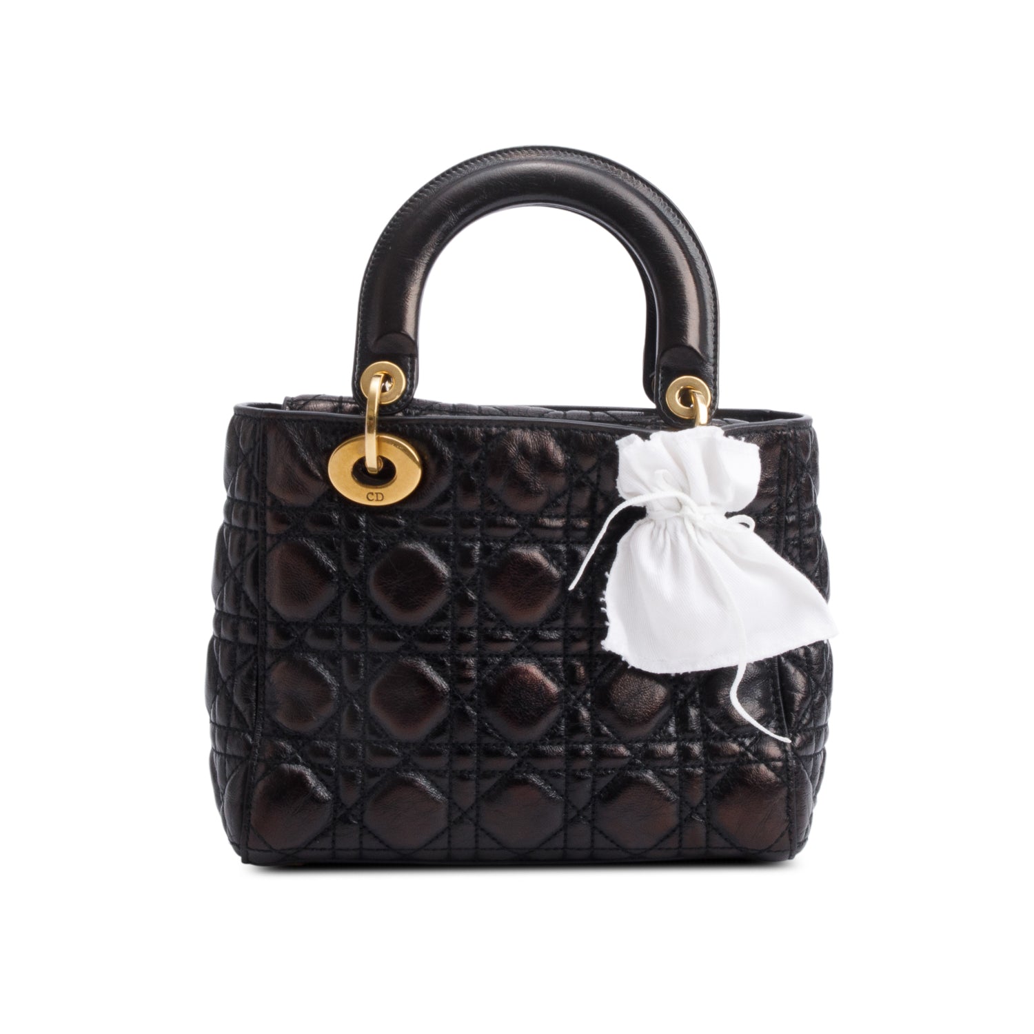 Christian Dior Black Cannage Crinkled Patent Leather Small Lucky Badges Lady Dior Bag w/ Strap, Box & Authenticity Card