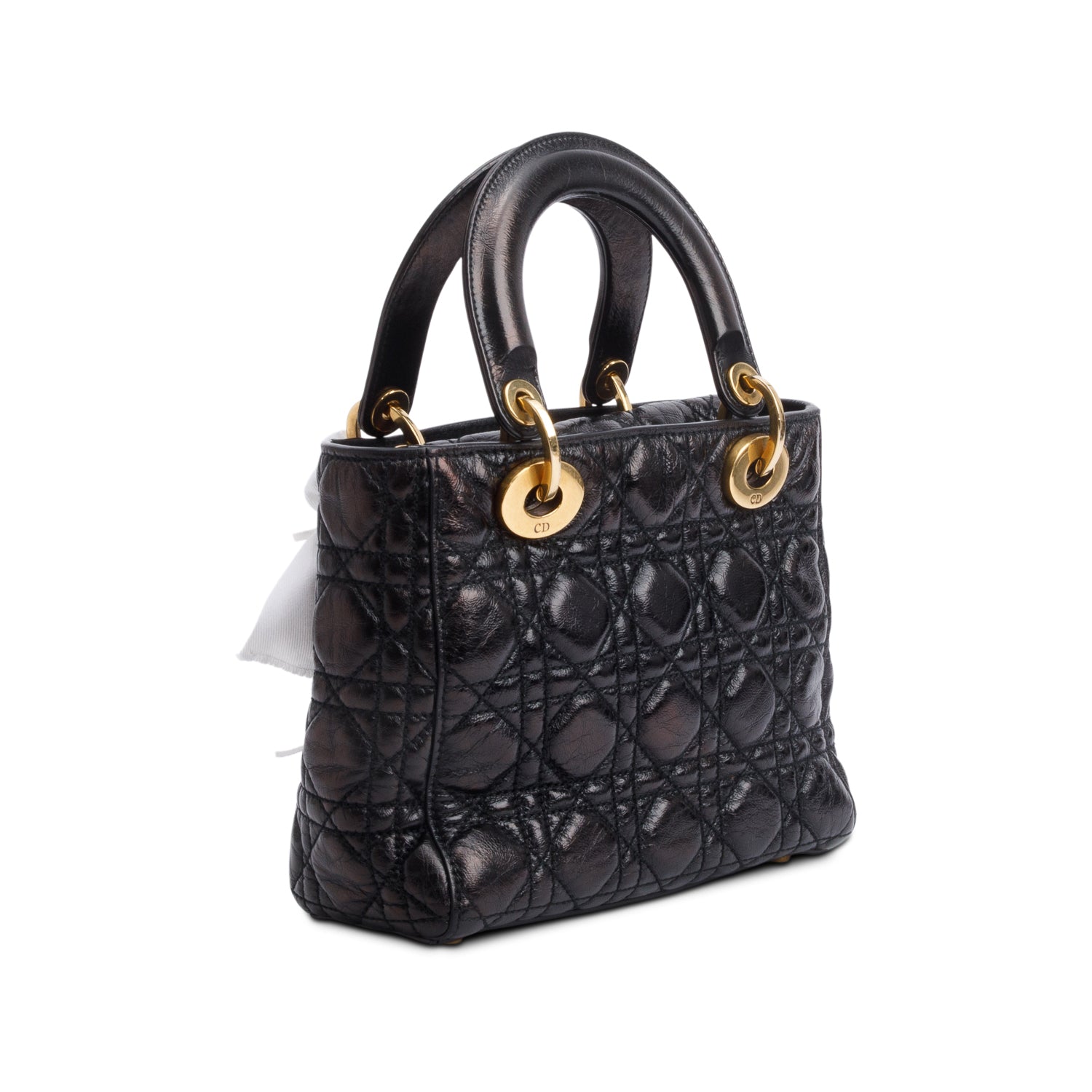 Christian Dior Black Cannage Crinkled Patent Leather Small Lucky Badges Lady Dior Bag w/ Strap, Box & Authenticity Card
