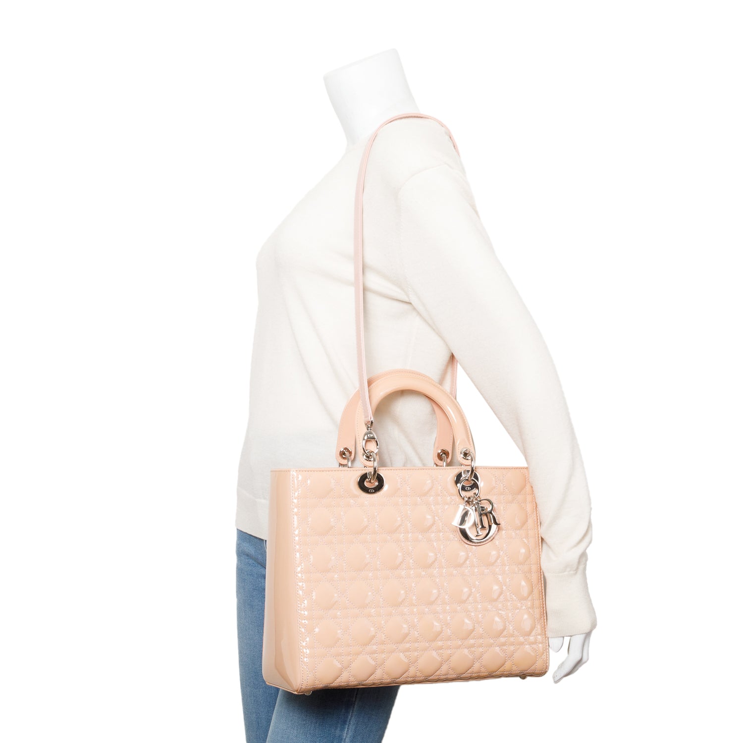 Christian Dior Beige Cannage Patent Leather Large Lady Dior Bag w/ Strap, Box & Authenticity Card