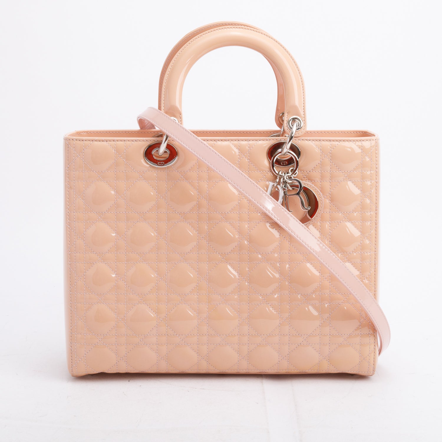 Christian Dior Beige Cannage Patent Leather Large Lady Dior Bag w/ Strap, Box & Authenticity Card