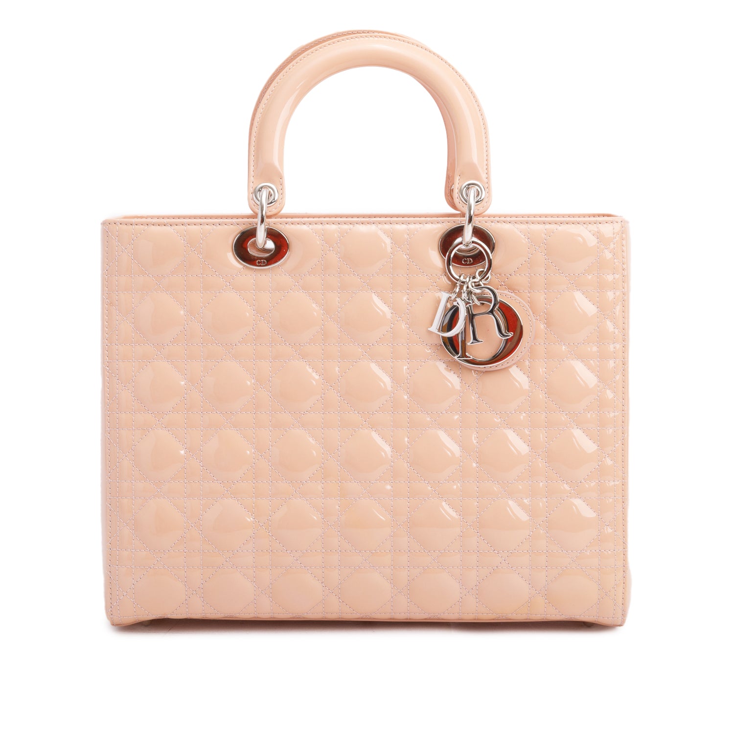 Christian Dior Beige Cannage Patent Leather Large Lady Dior Bag w/ Strap, Box & Authenticity Card