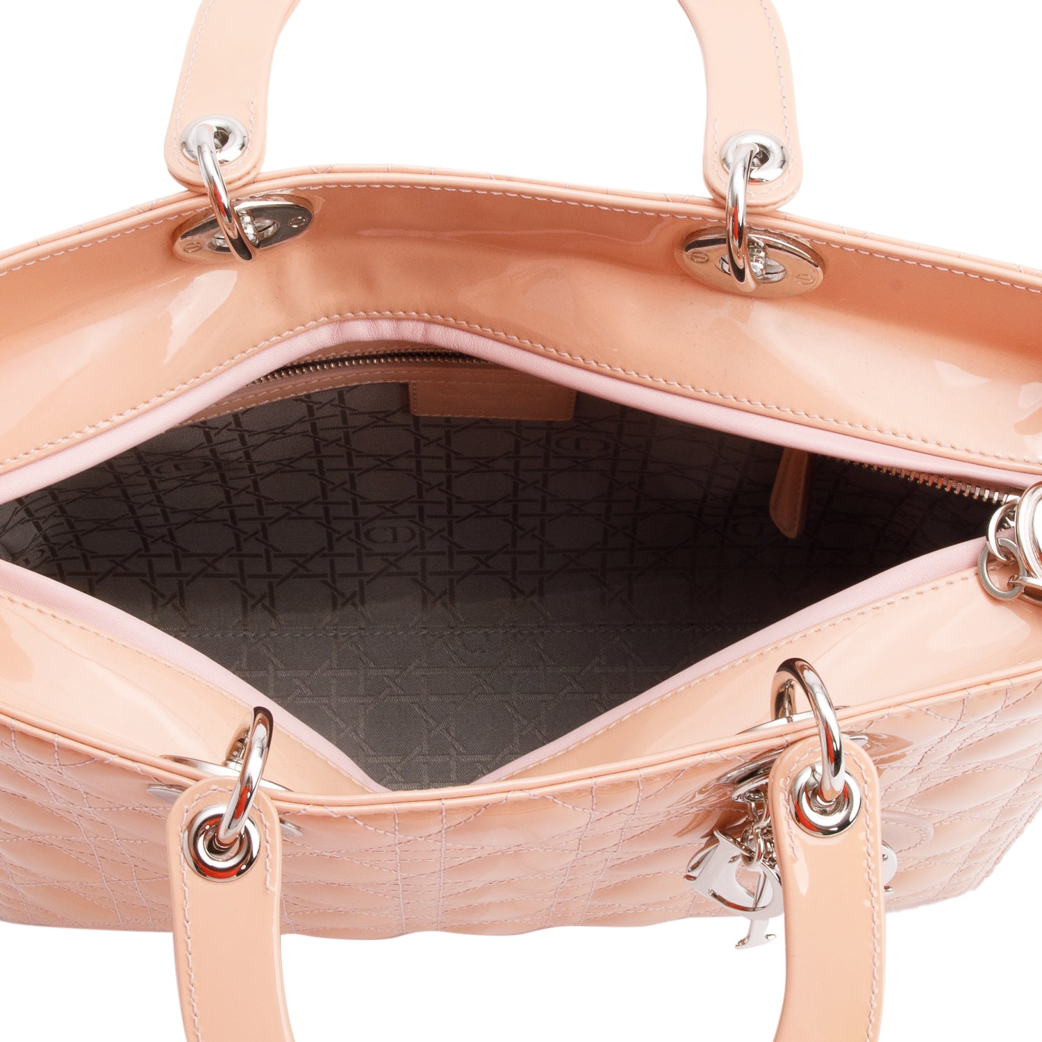 Christian Dior Beige Cannage Patent Leather Large Lady Dior Bag w/ Strap, Box & Authenticity Card