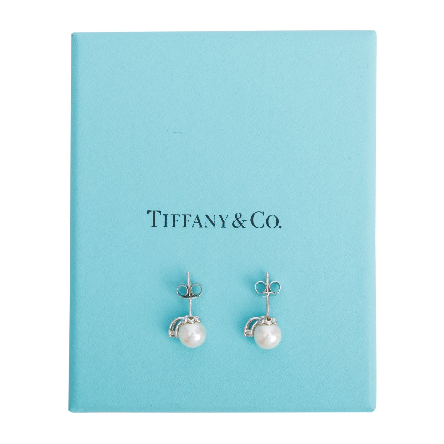 Tiffany & Co. 18k White Gold Signature Pearl & Diamond Stud Earrings w/ Box