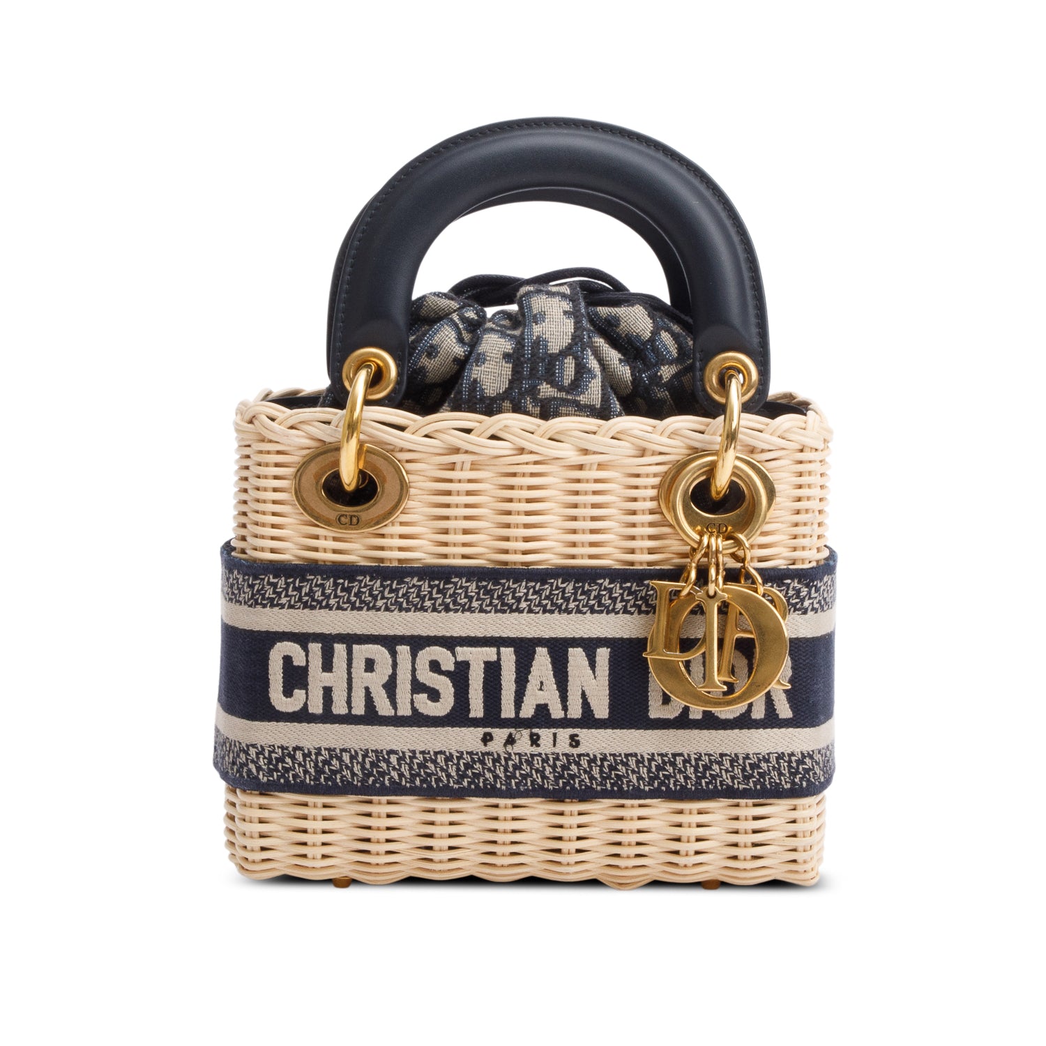 Christian Dior 2022 Wicker Navy Oblique Mini Lady Dior Bag w/ Strap