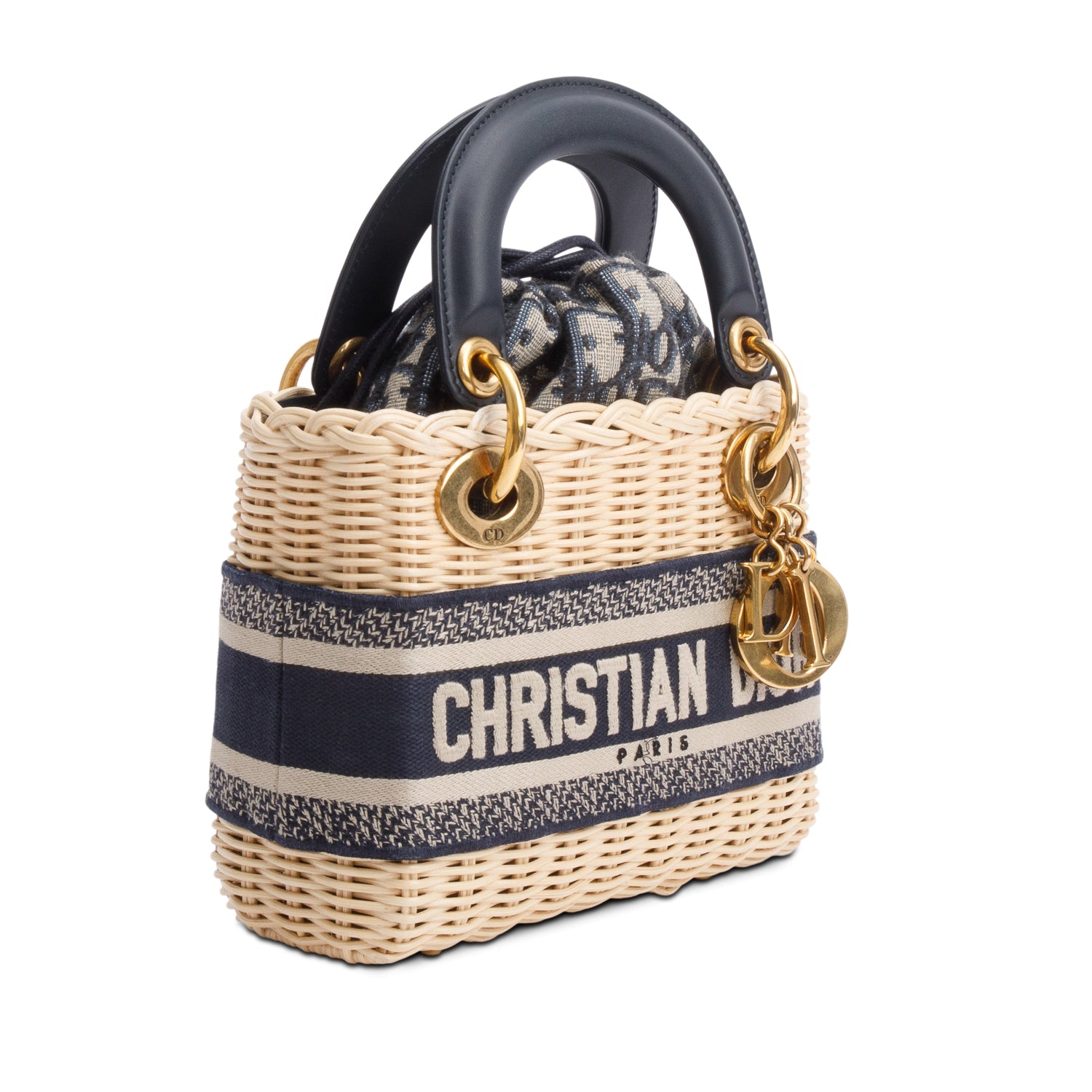Christian Dior 2022 Wicker Navy Oblique Mini Lady Dior Bag w/ Strap
