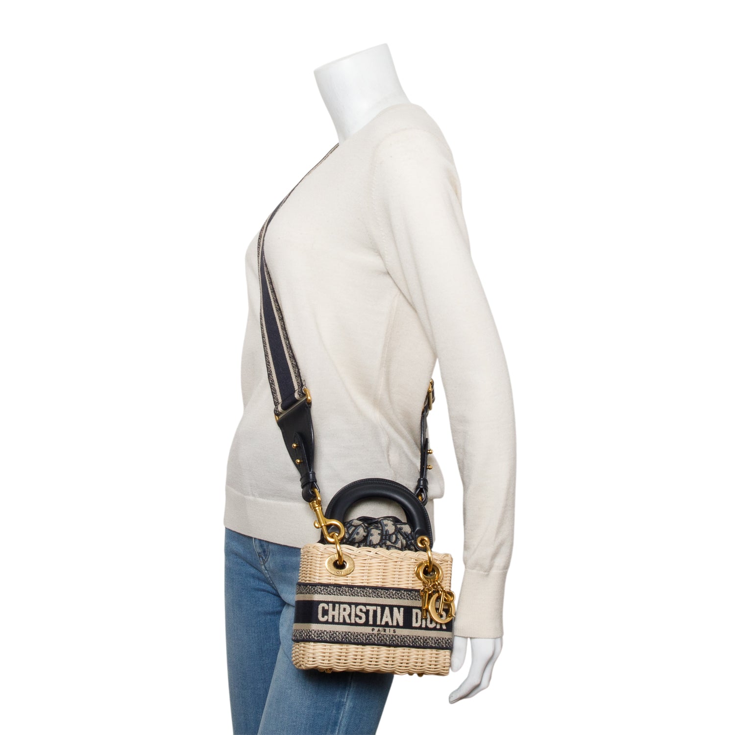 Christian Dior 2022 Wicker Navy Oblique Mini Lady Dior Bag w/ Strap