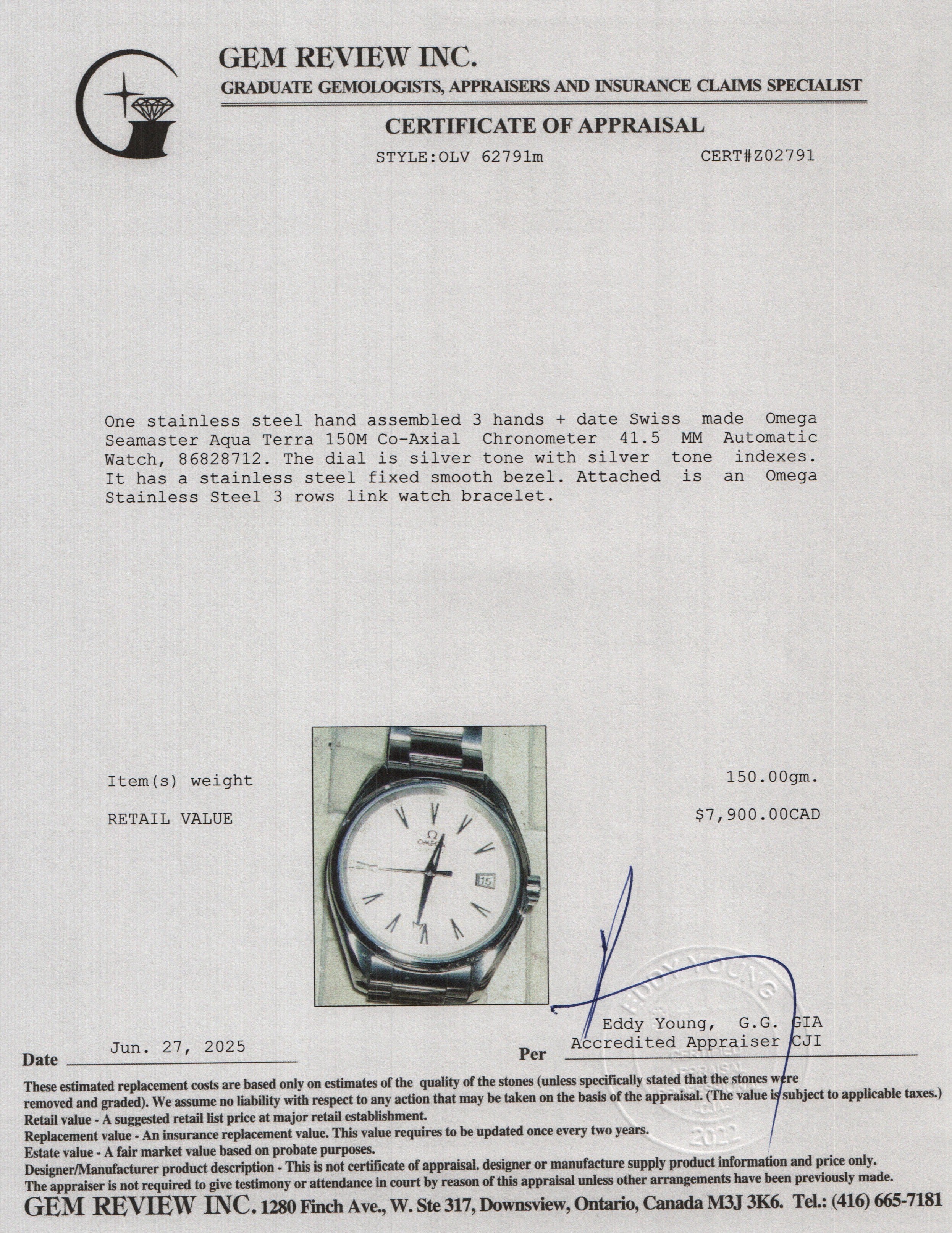 Omega Stainless Steel Seamaster Aqua Terra 150M Co-Axial Chronometer 41.5 MM Automatic Watch Silver Dial w/ Box & Papers