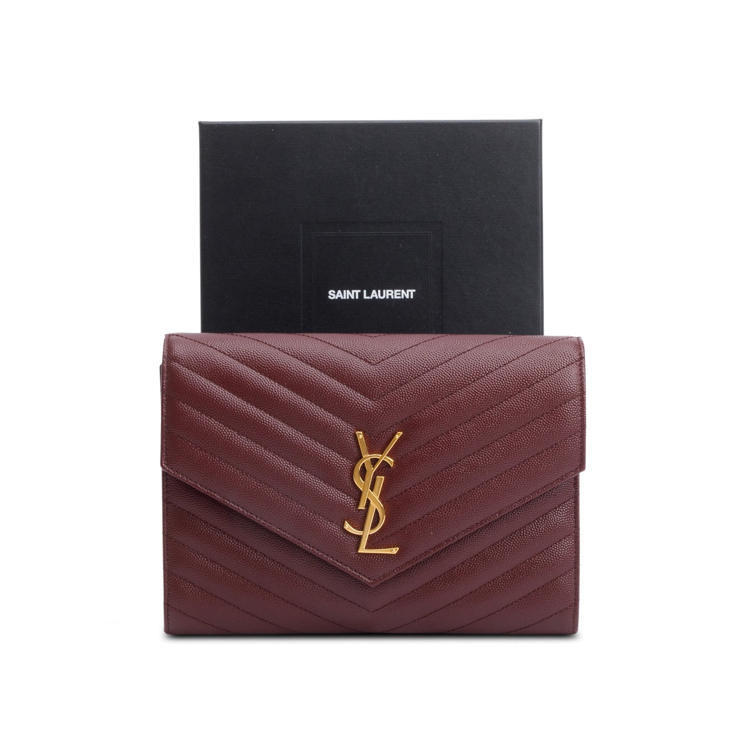 Saint Laurent 2022 Burgundy Grain de Poudre Matelasse Leather Cassandre Flap Wristlet Pouch w/ Box