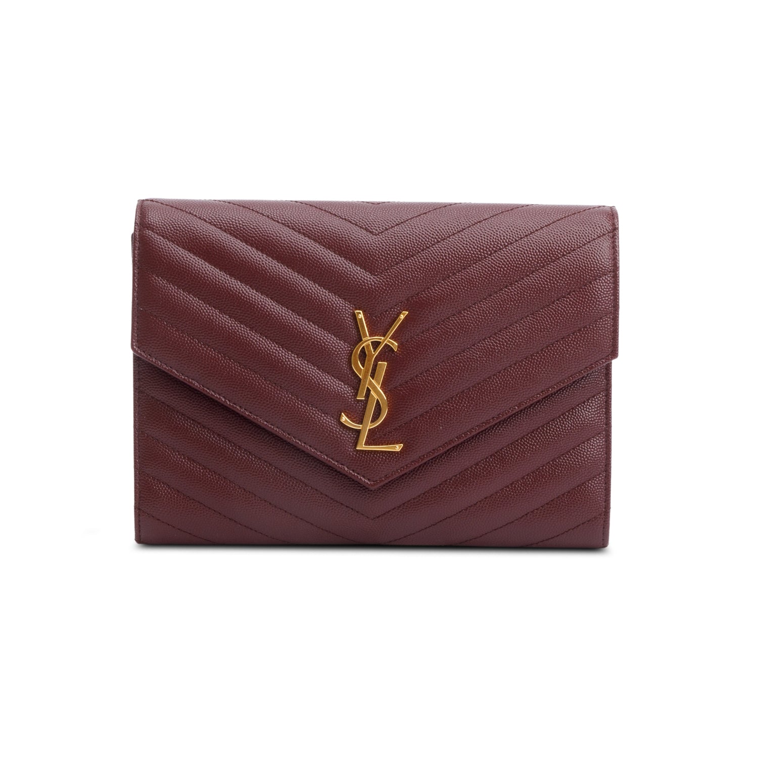 Saint Laurent 2022 Burgundy Grain de Poudre Matelasse Leather Cassandre Flap Wristlet Pouch w/ Box