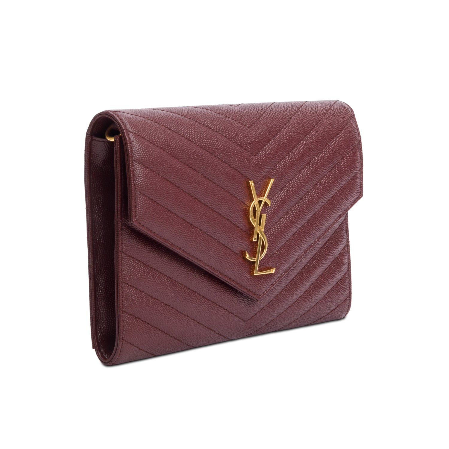 Saint Laurent 2022 Burgundy Grain de Poudre Matelasse Leather Cassandre Flap Wristlet Pouch w/ Box