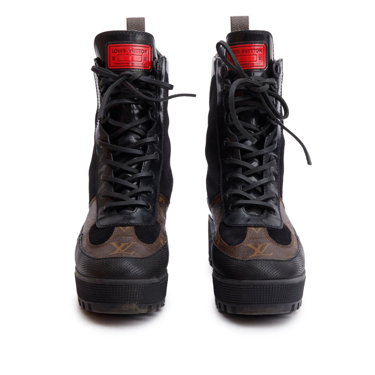 Louis Vuitton Monogram Black Suede Patent Leather World Tour Combat Boots, Size 39 w/ Box & Receipt