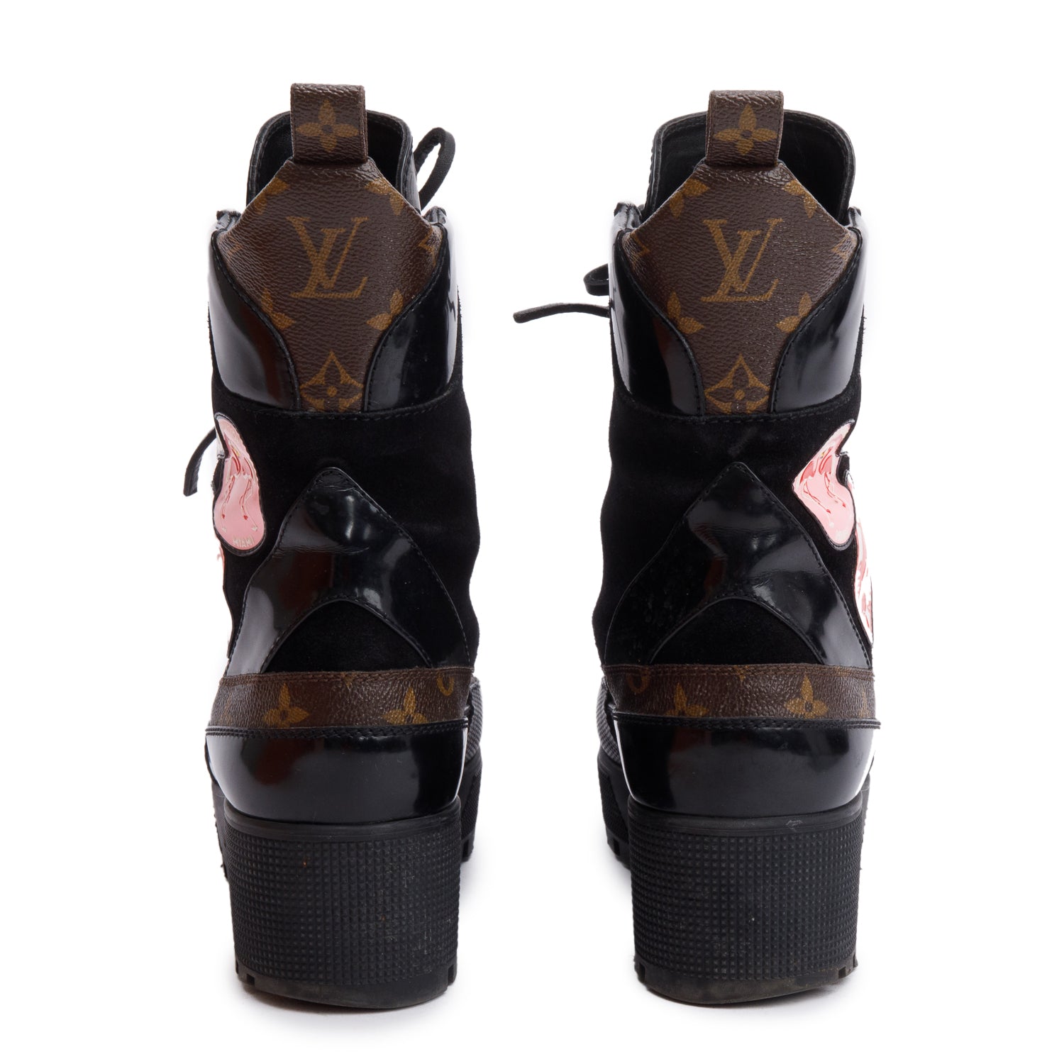 Louis Vuitton Monogram Black Suede Patent Leather World Tour Combat Boots, Size 39 w/ Box & Receipt