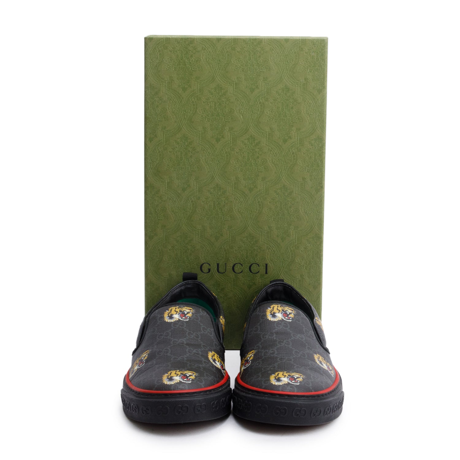 Gucci Black Tigers GG Supreme Canvas Tennis 1977 Slip On Sneakers, Men's Size 10 w/ Box