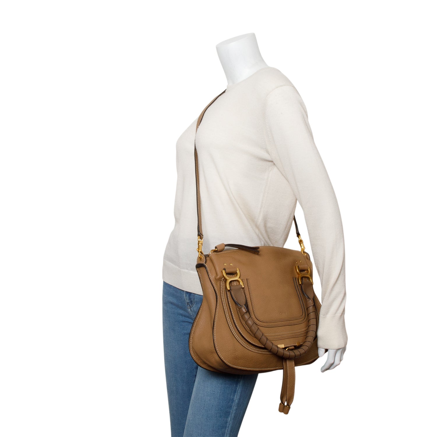 Chloe Beige Calfskin Leather Medium Marcie Shoulder Bag w/ Strap & Authenticity Card