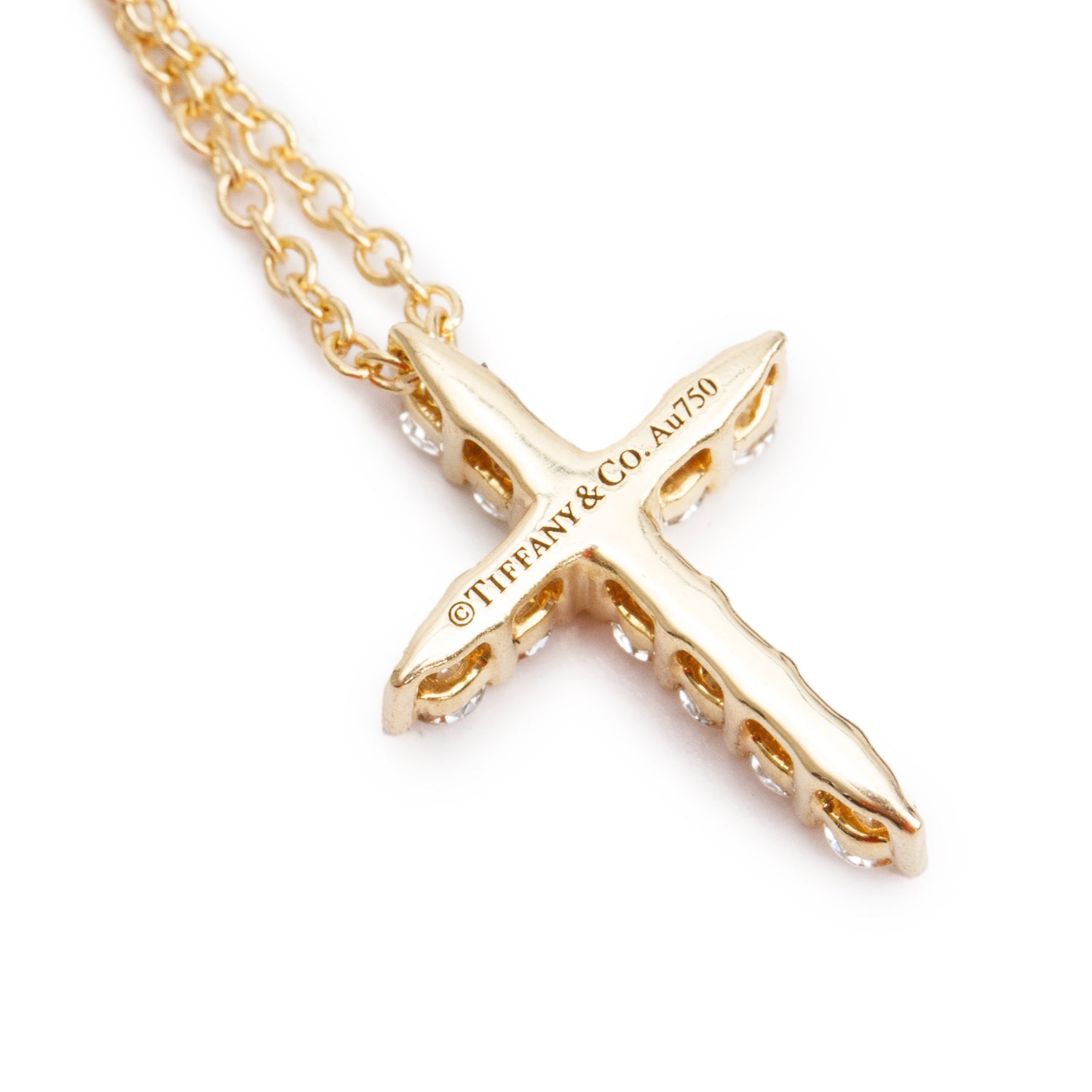 Tiffany & Co. 18k Yellow Gold Diamond Mini Cross Pendant Necklace w/ Box