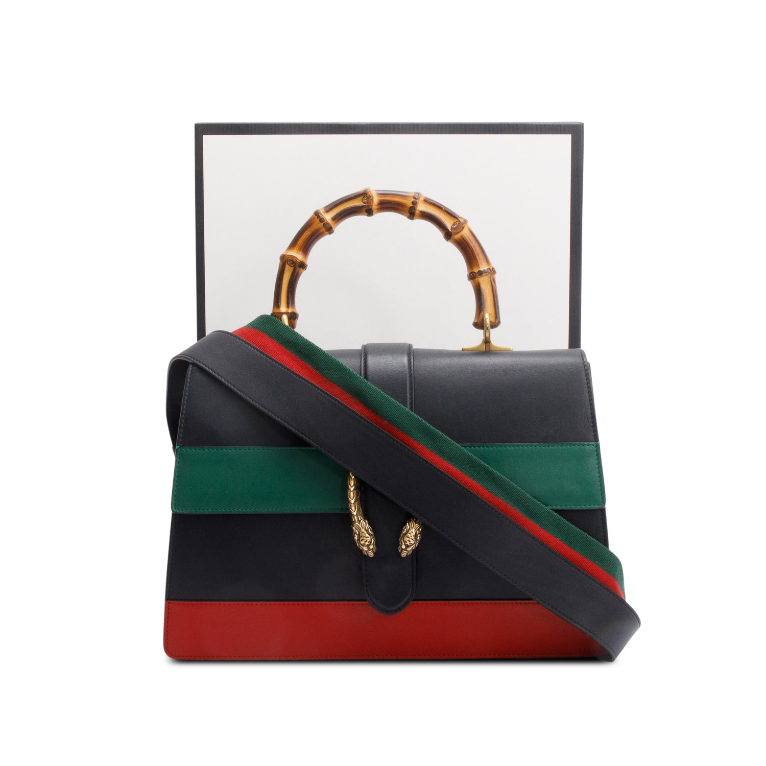 Gucci Black/Red/Green Web Calfskin Leather Large Dionysus Bamboo Top Handle Bag w/ Strap & Box