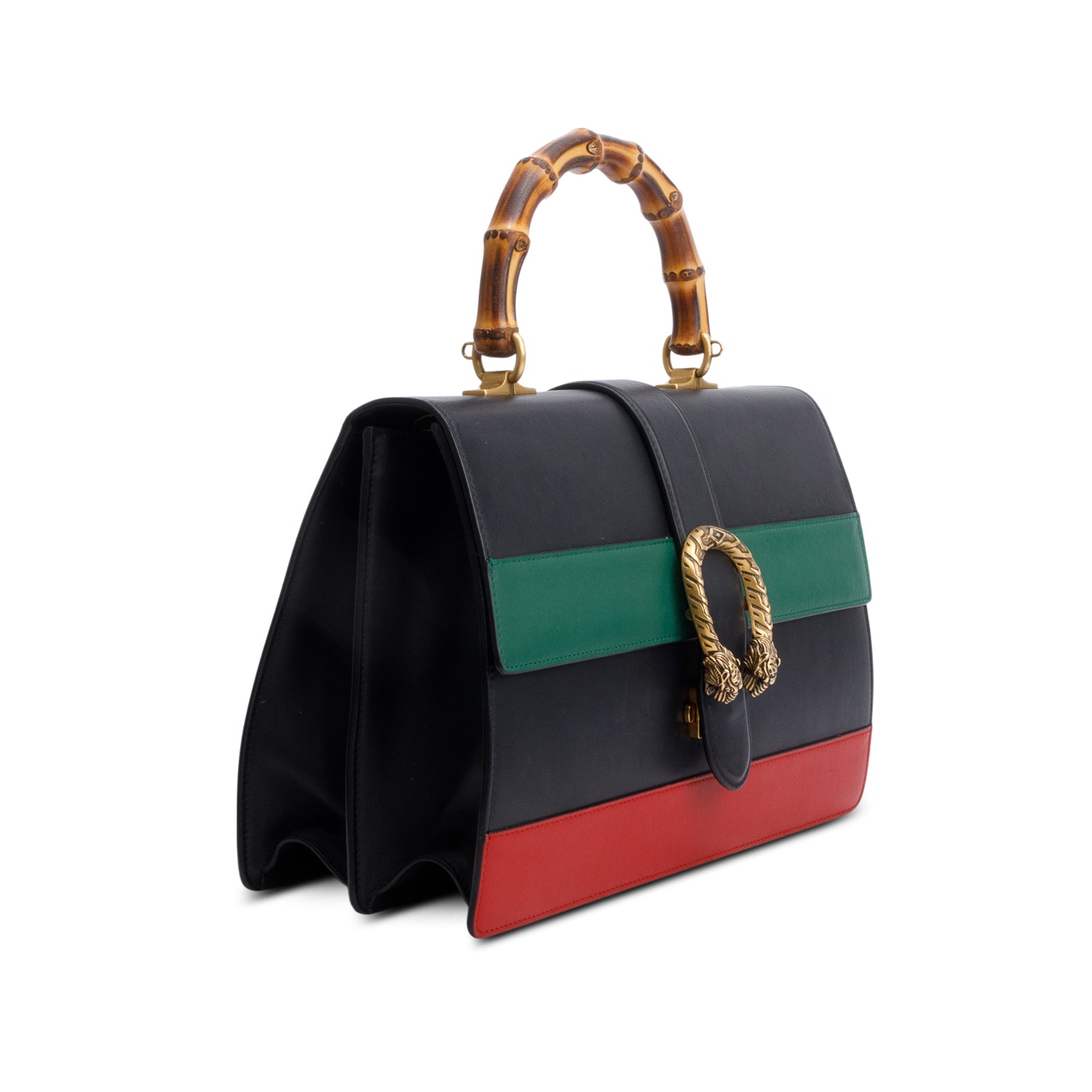 Gucci Black/Red/Green Web Calfskin Leather Large Dionysus Bamboo Top Handle Bag w/ Strap & Box