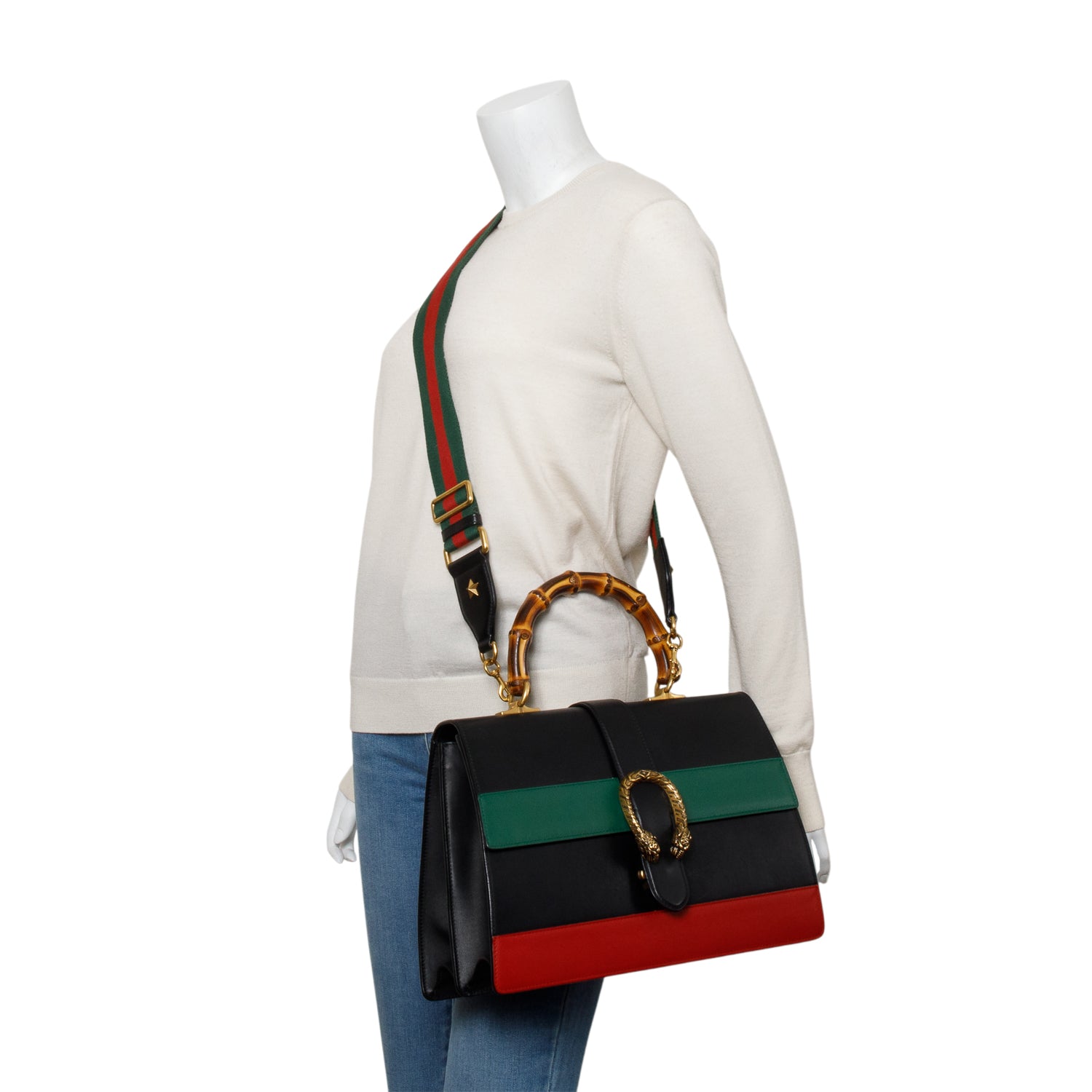Gucci Black/Red/Green Web Calfskin Leather Large Dionysus Bamboo Top Handle Bag w/ Strap & Box