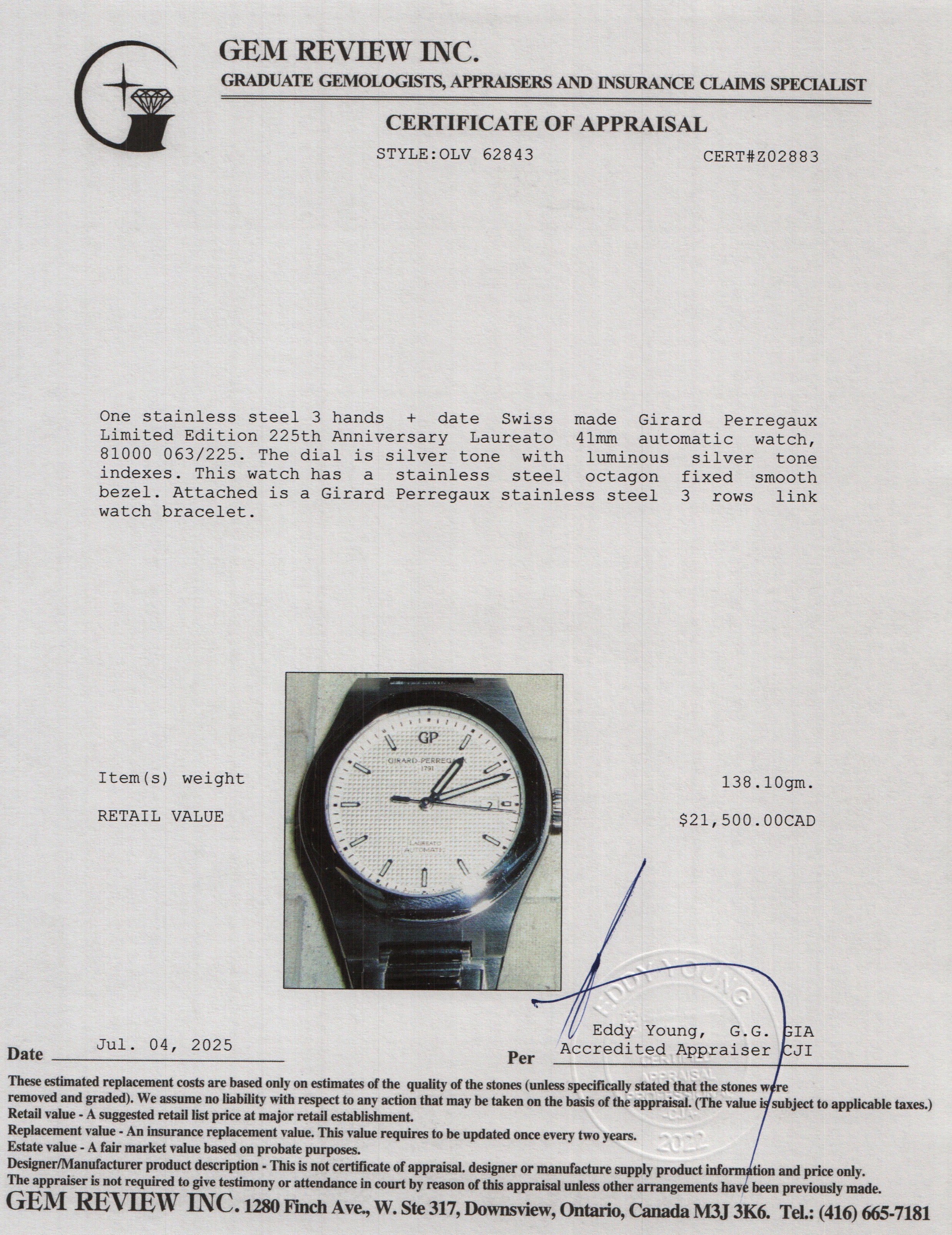 Girard Perregaux Limited Edition 225th Anniversary Stainless Steel Laureato 41 MM Automatic Watch Silver Dial 81000 w/ Box & Papers