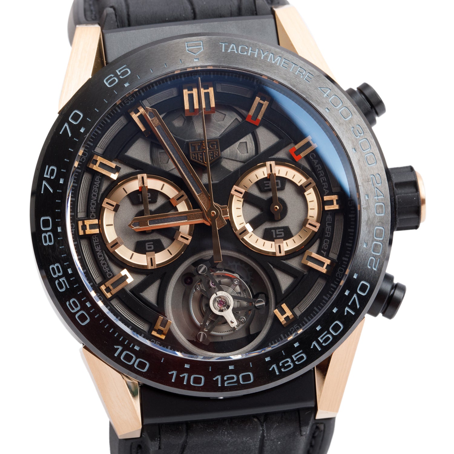 Tag Heuer 18k Rose Gold, Black Titanium & Ceramic Carrera 45 MM Automatic Chronograph Tourbillon Watch CAR5A5U w/ Box & Papers