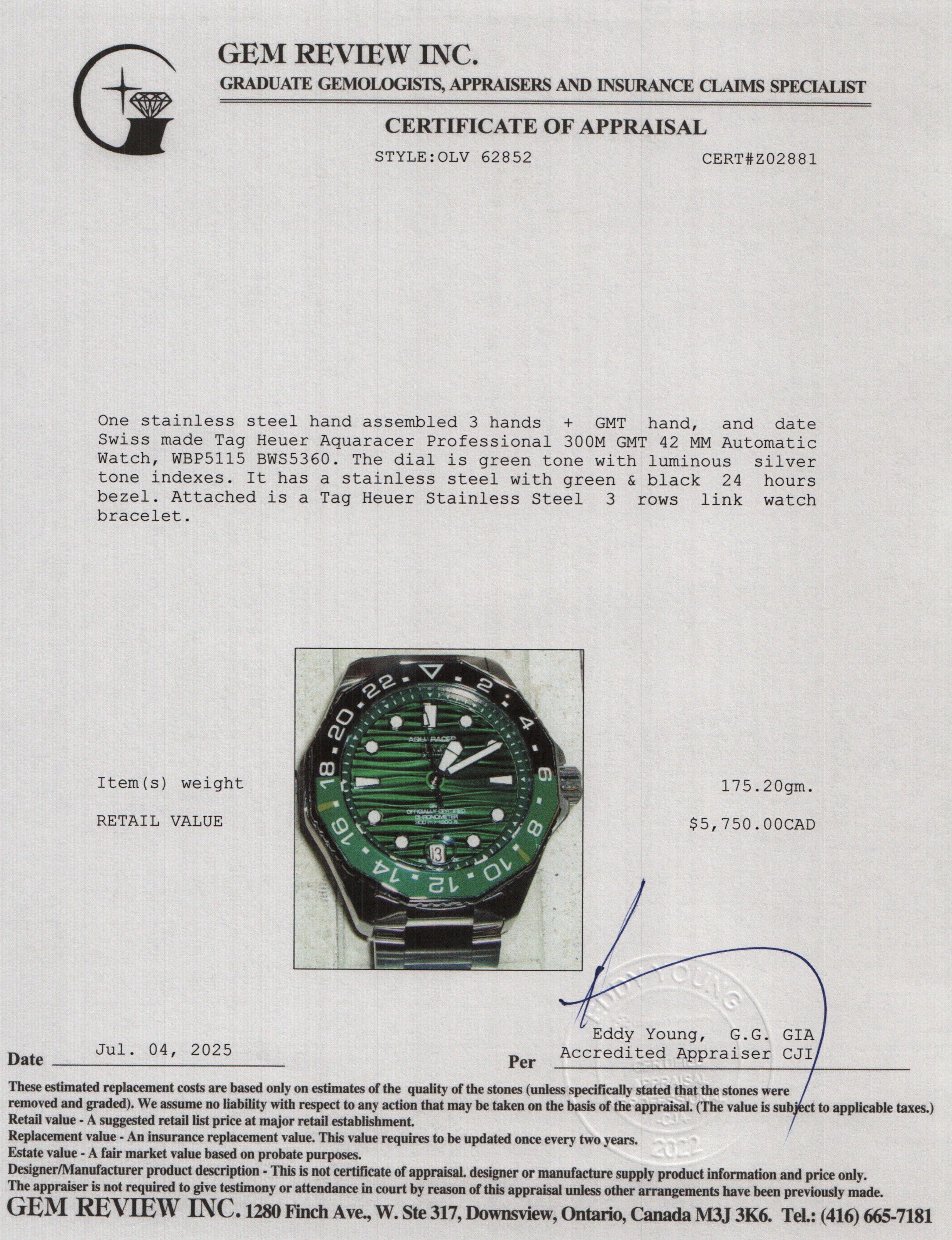 Tag Heuer 2025 Stainless Steel Aquaracer Professional 300M GMT 42 MM Automatic Watch Green Dial WBP5115 w/ Box, Receipt & Papers