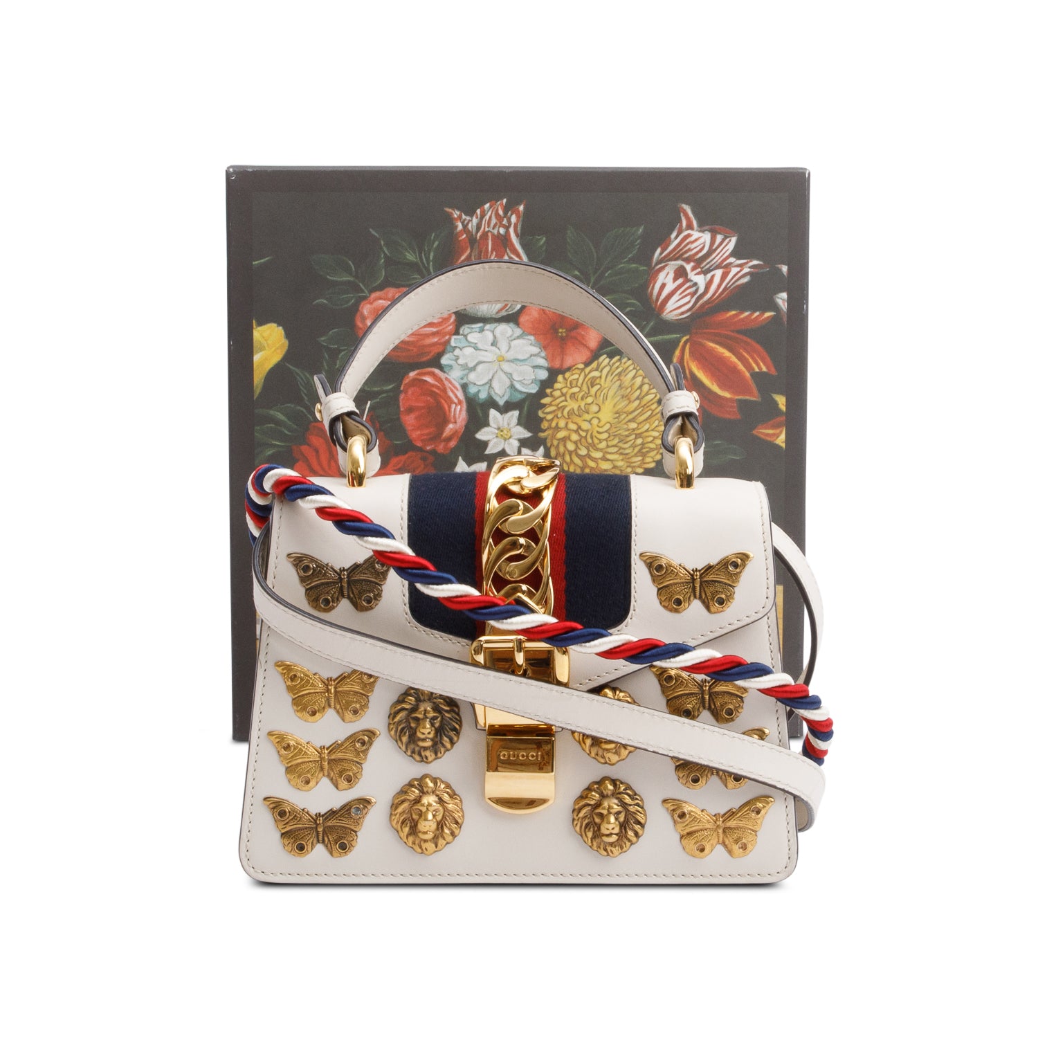 Gucci White Calfskin Leather Web Animal Studs Mini Sylvie Top Handle Bag w/ Straps & Box