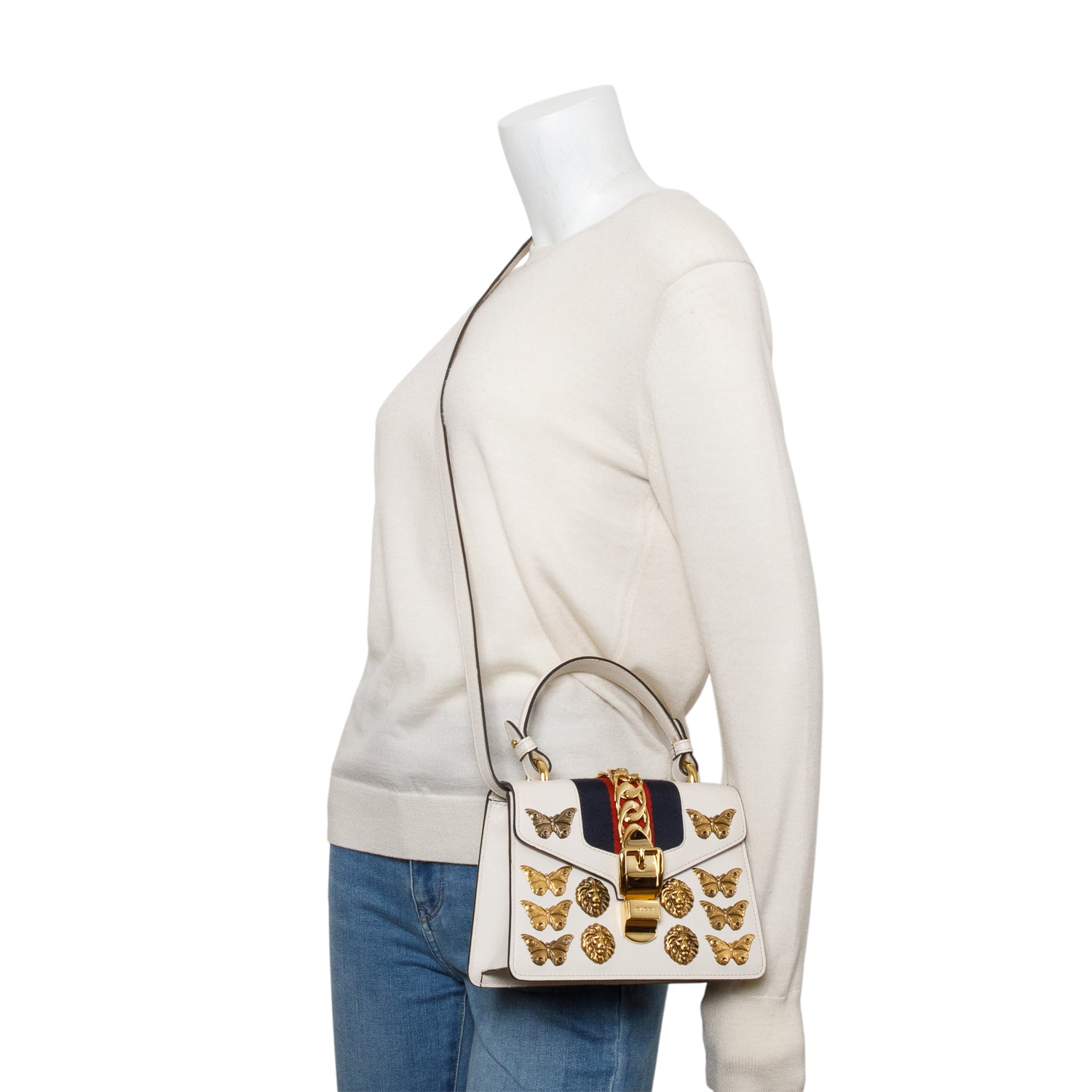 Gucci White Calfskin Leather Web Animal Studs Mini Sylvie Top Handle Bag w/ Straps & Box