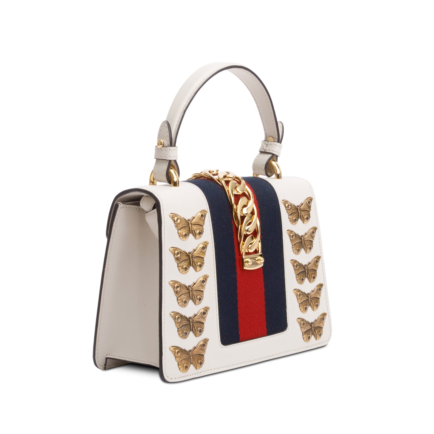Gucci White Calfskin Leather Web Animal Studs Mini Sylvie Top Handle Bag w/ Straps & Box
