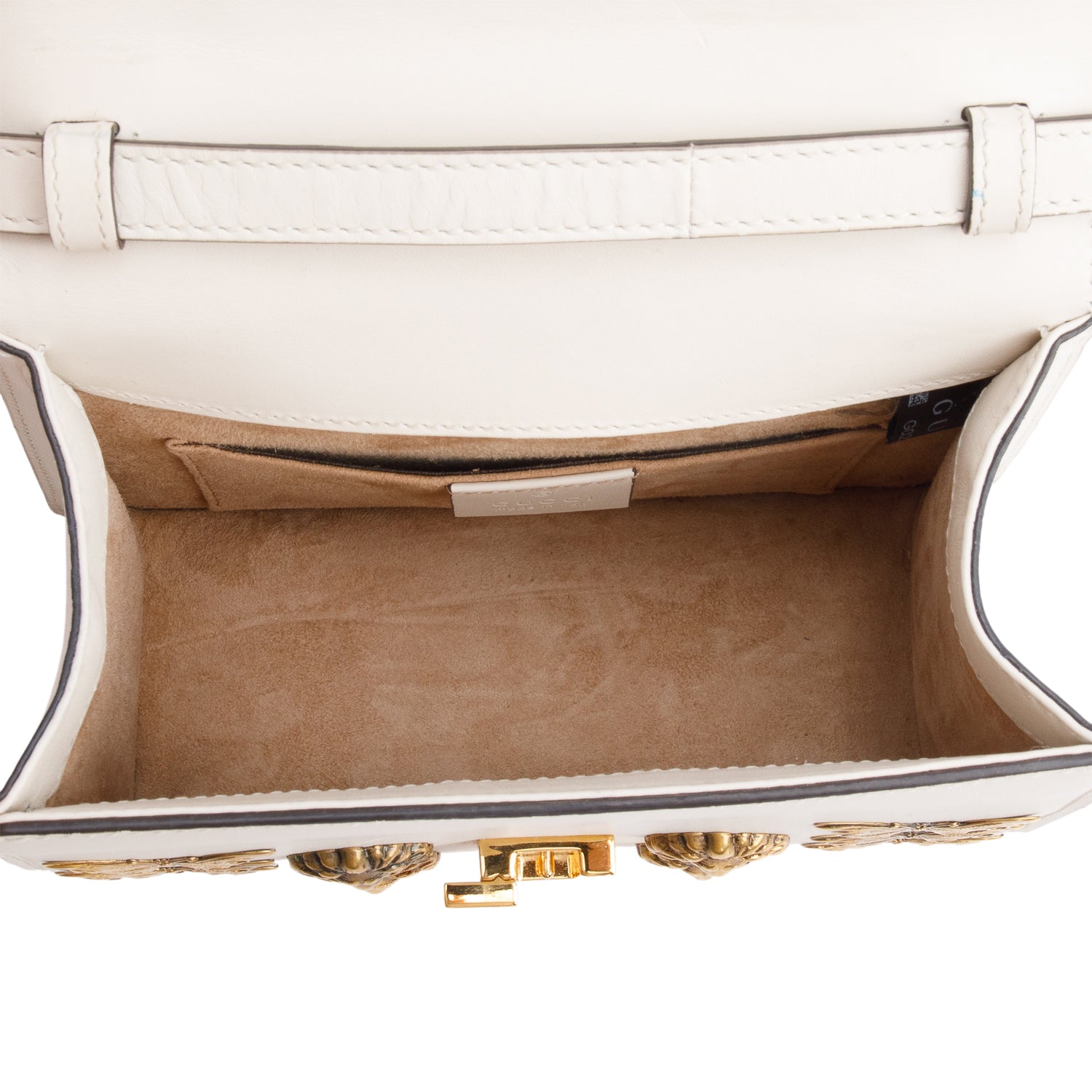 Gucci White Calfskin Leather Web Animal Studs Mini Sylvie Top Handle Bag w/ Straps & Box