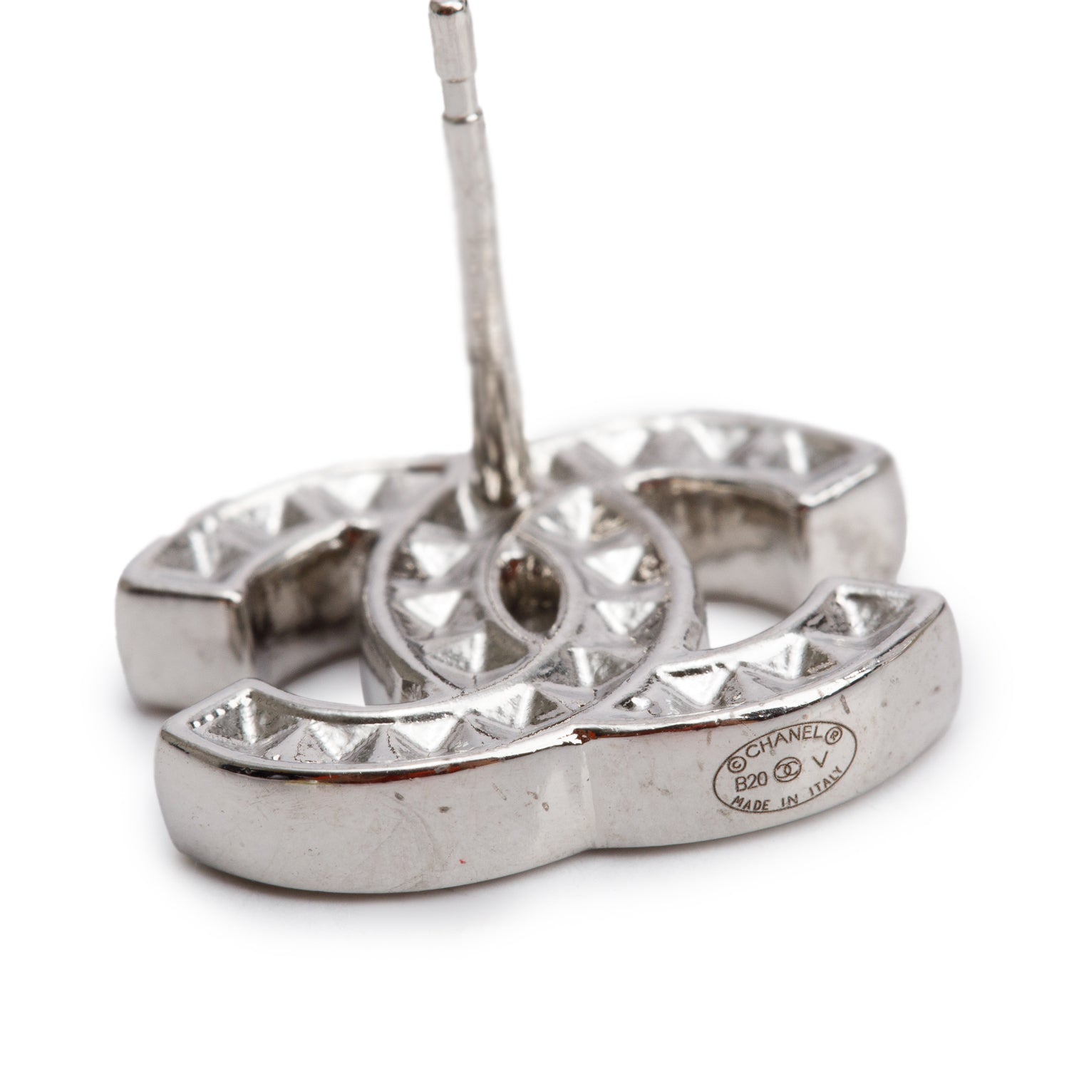 Chanel 2020 Palladium-Plated Strass CC Stud Earrings w/ Box