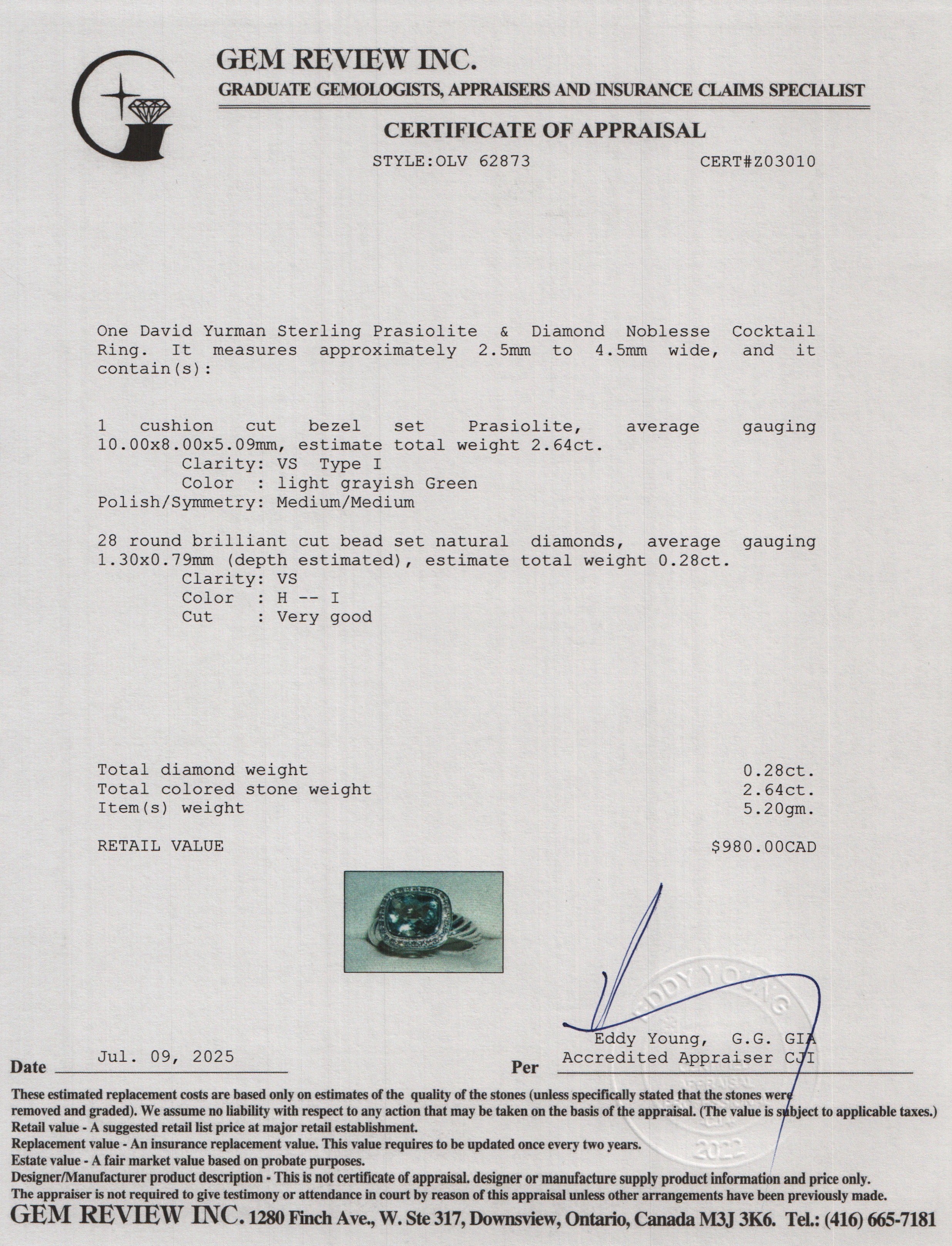 David Yurman Sterling Prasiolite & Diamond Noblesse Cocktail Ring, Size 6.75