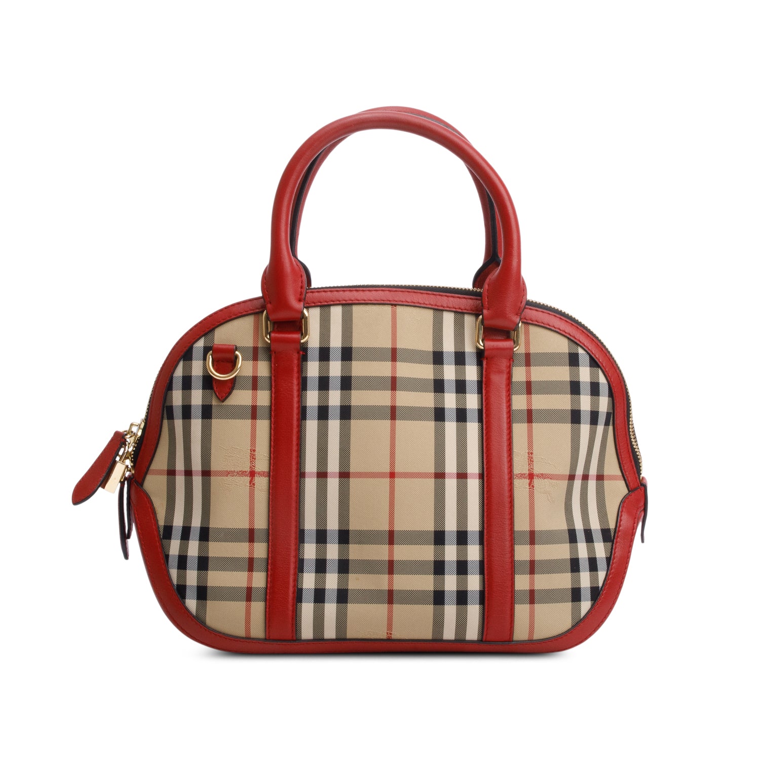 Burberry House Check Red Leather Trim Small Orchard Bowling Bag