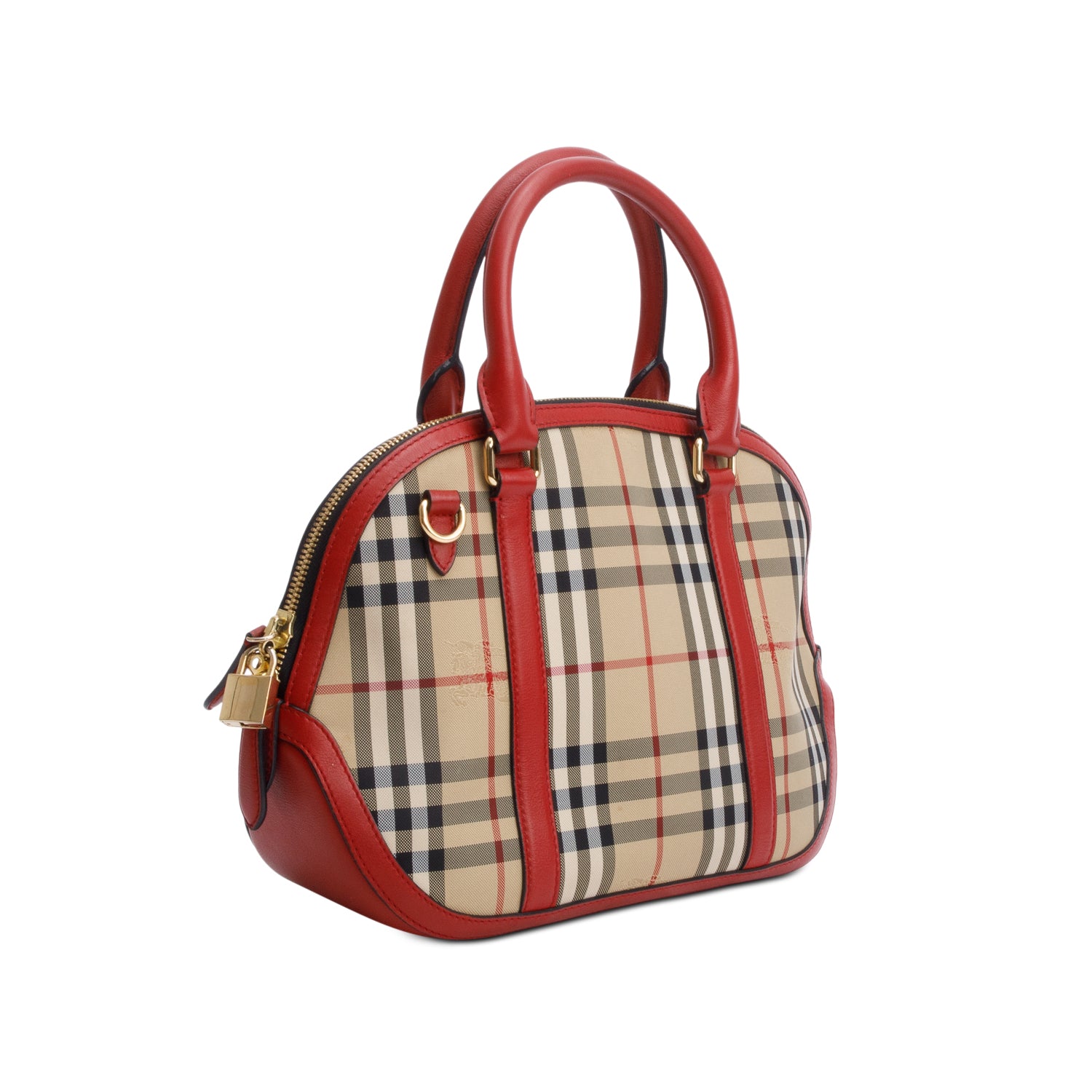 Burberry House Check Red Leather Trim Small Orchard Bowling Bag