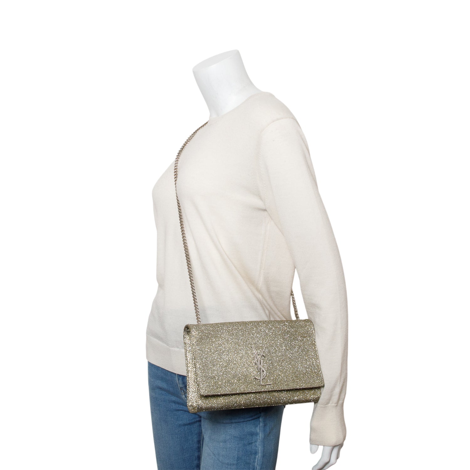 Saint Laurent Metallic Grey Glitter Canvas Medium Kate Bag