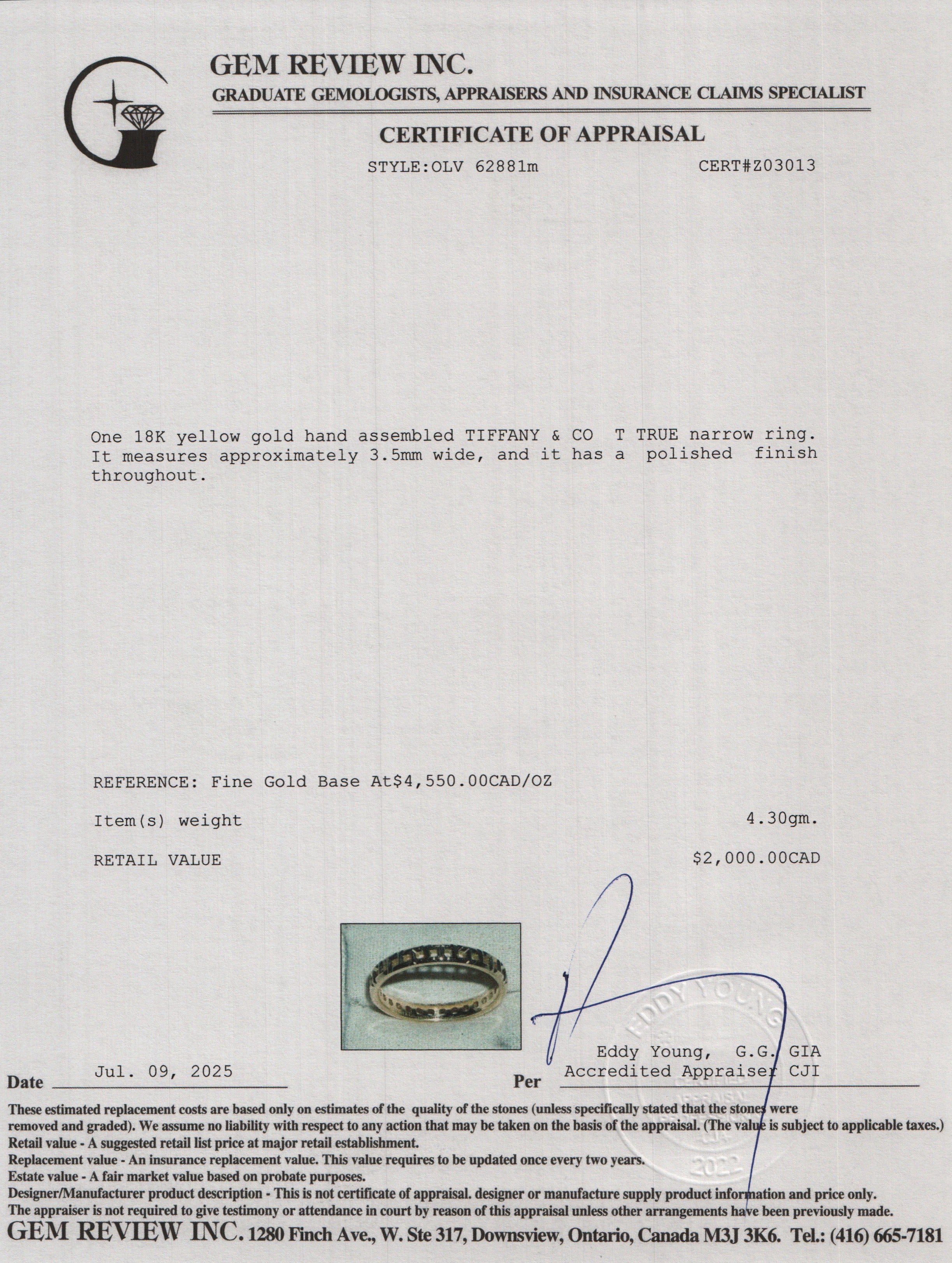 Tiffany & Co. 18k Yellow Gold T True Narrow Ring, Size 10.5