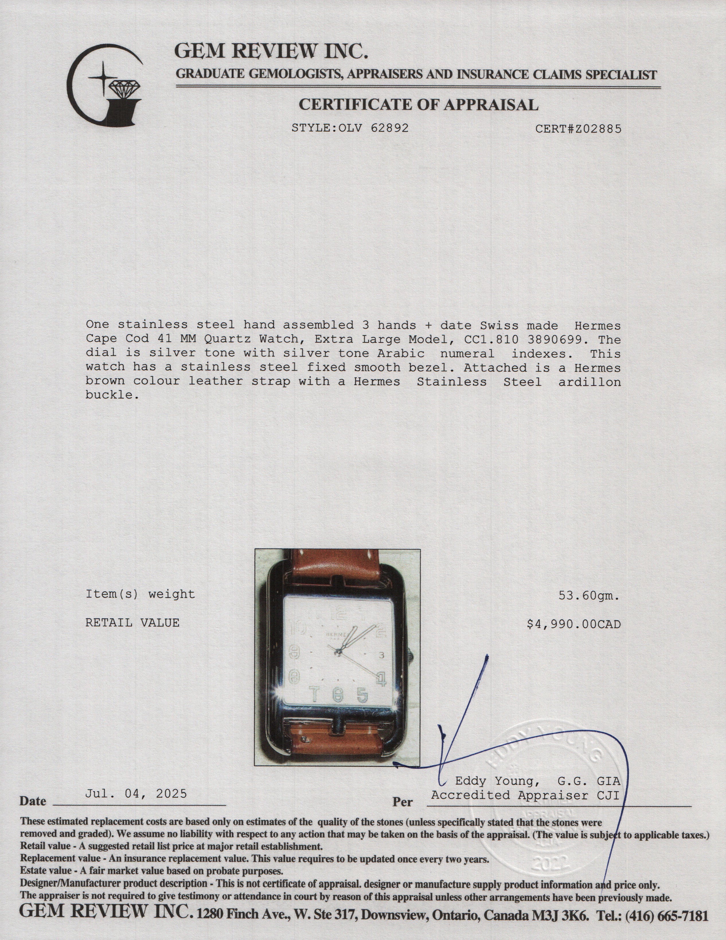 Hermes 2025 Stainless Steel Cape Cod 41 MM Quartz Watch, Extra Large Model w/ Box & Papers