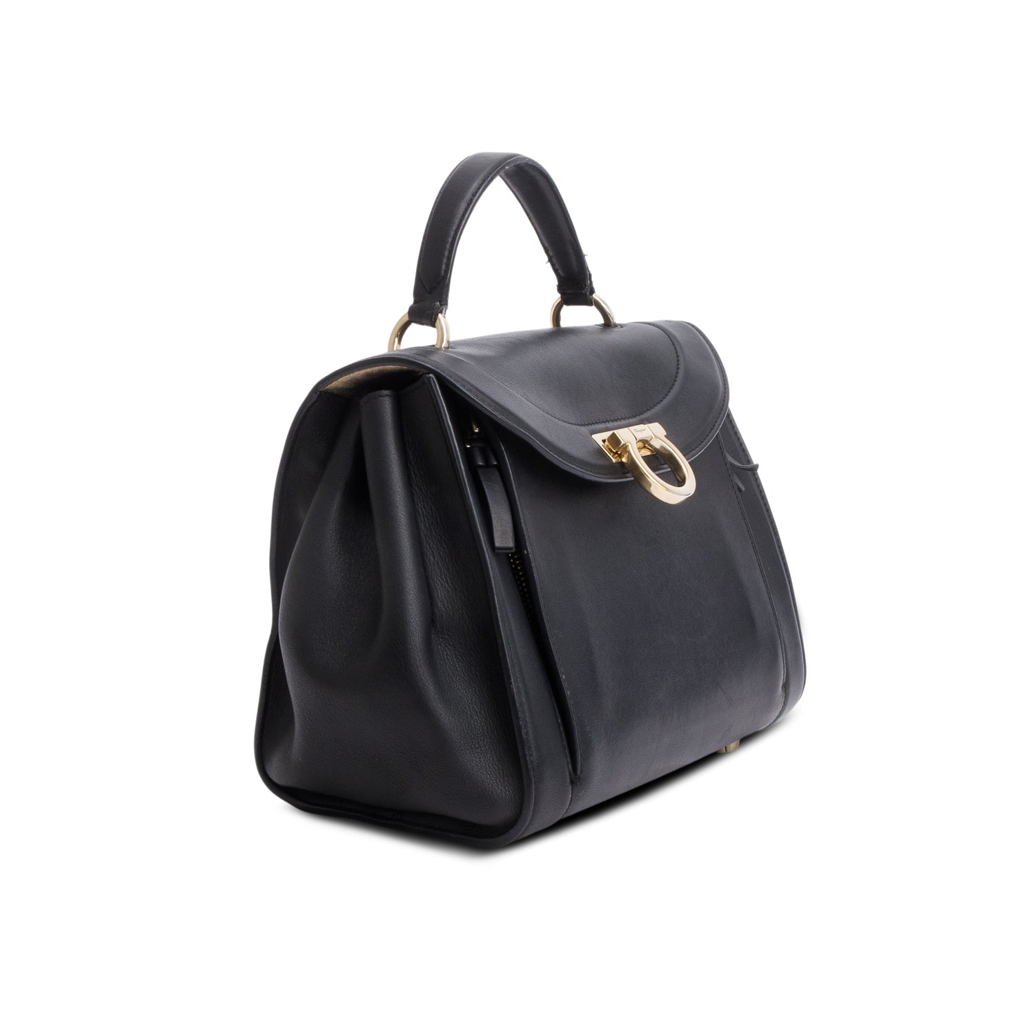 Ferragamo Black Leather Gancini Top Handle w/ Strap & Receipt