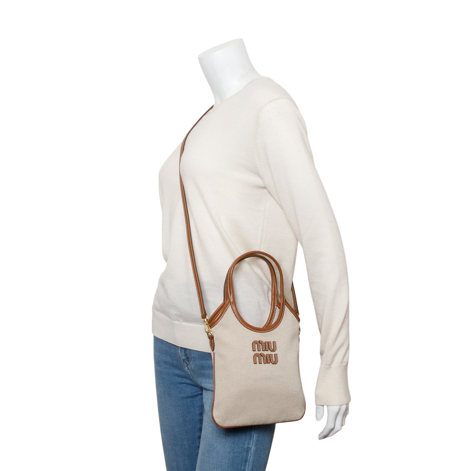 Miu Miu Nuetral Canvas Mini Ivy Tote Bag w/ Strap