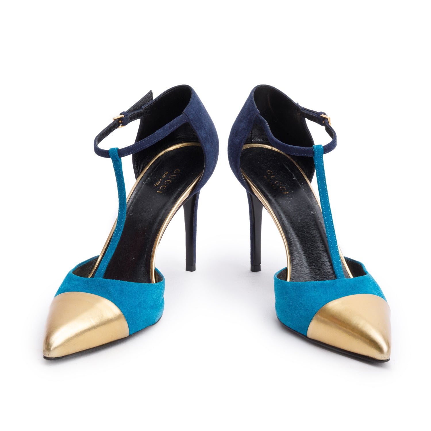 Gucci Tricolor Leather & SuedeT Strap Pumps, Size 38 w/ Box