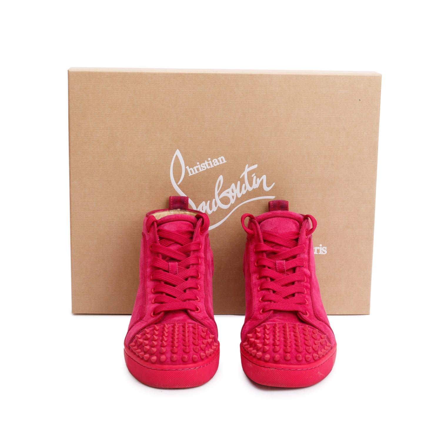 Christian Louboutin Pink Suede Louis Spikes Orlato High-Top Sneakers, Size 39 w/ Box