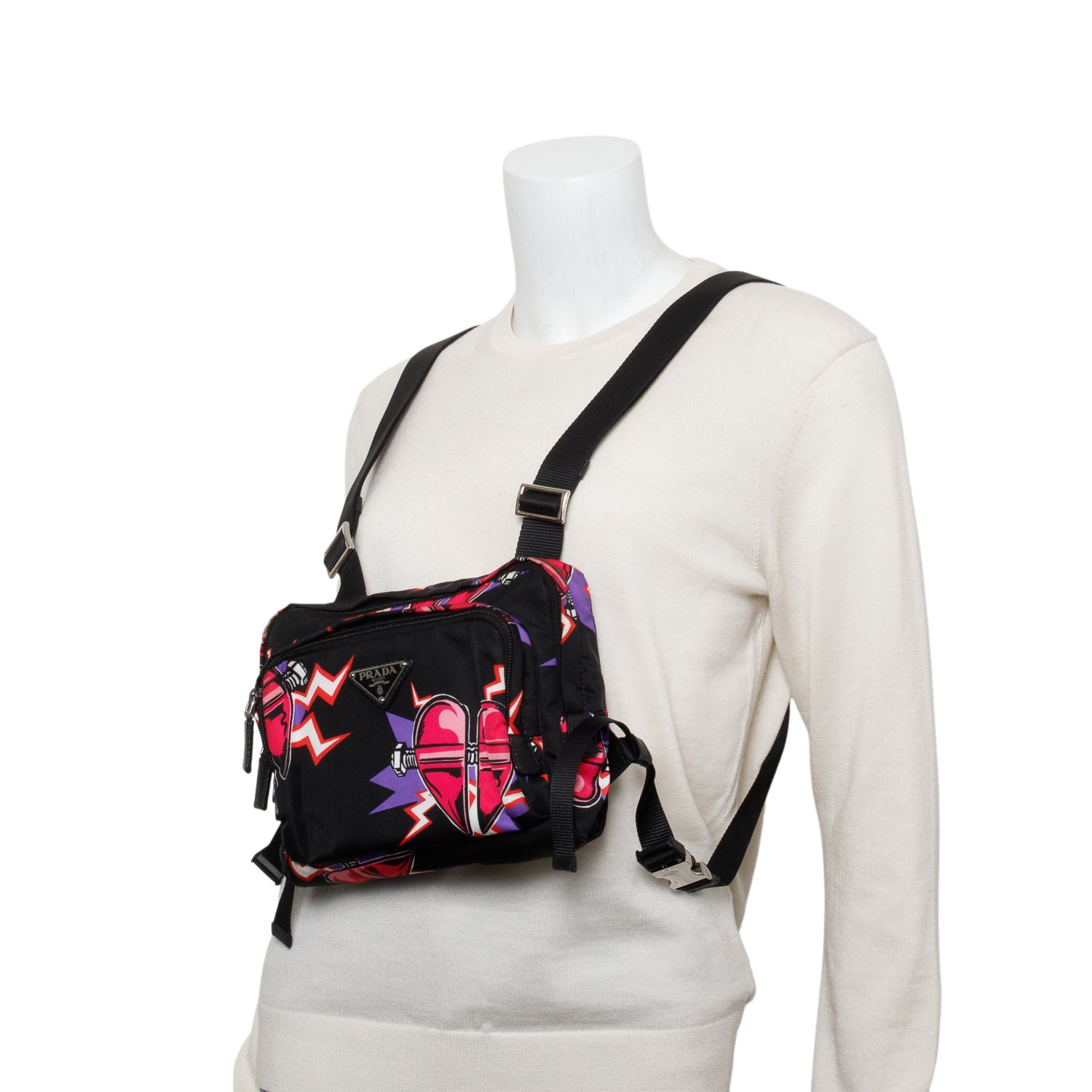 Prada X Universal Studios Black Multicolor Tessuto Nylon Frankenstein Heart Harnes Body Bag