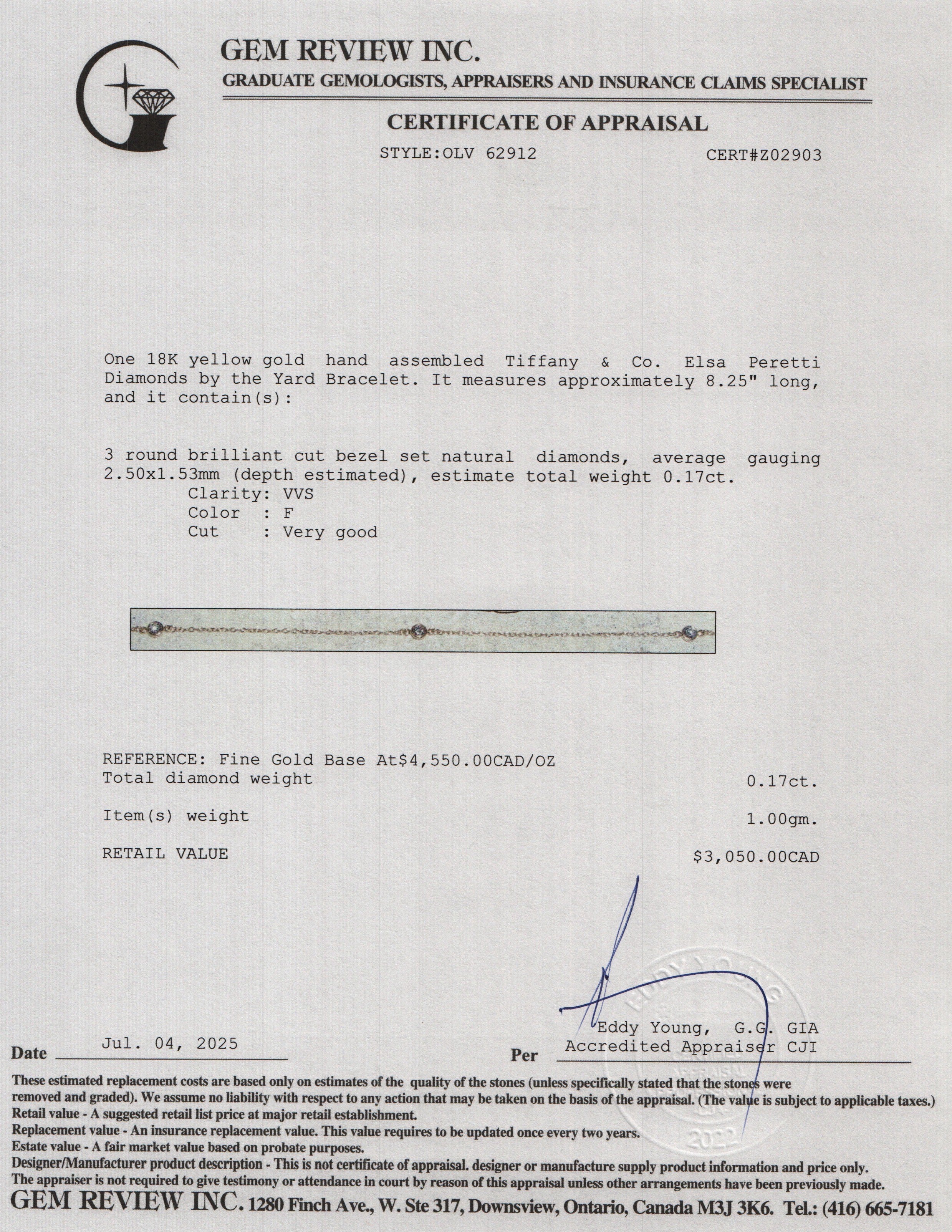 Tiffany & Co. Elsa Peretti 18k Yellow Gold Diamonds by the Yard Bracelet w/ Box