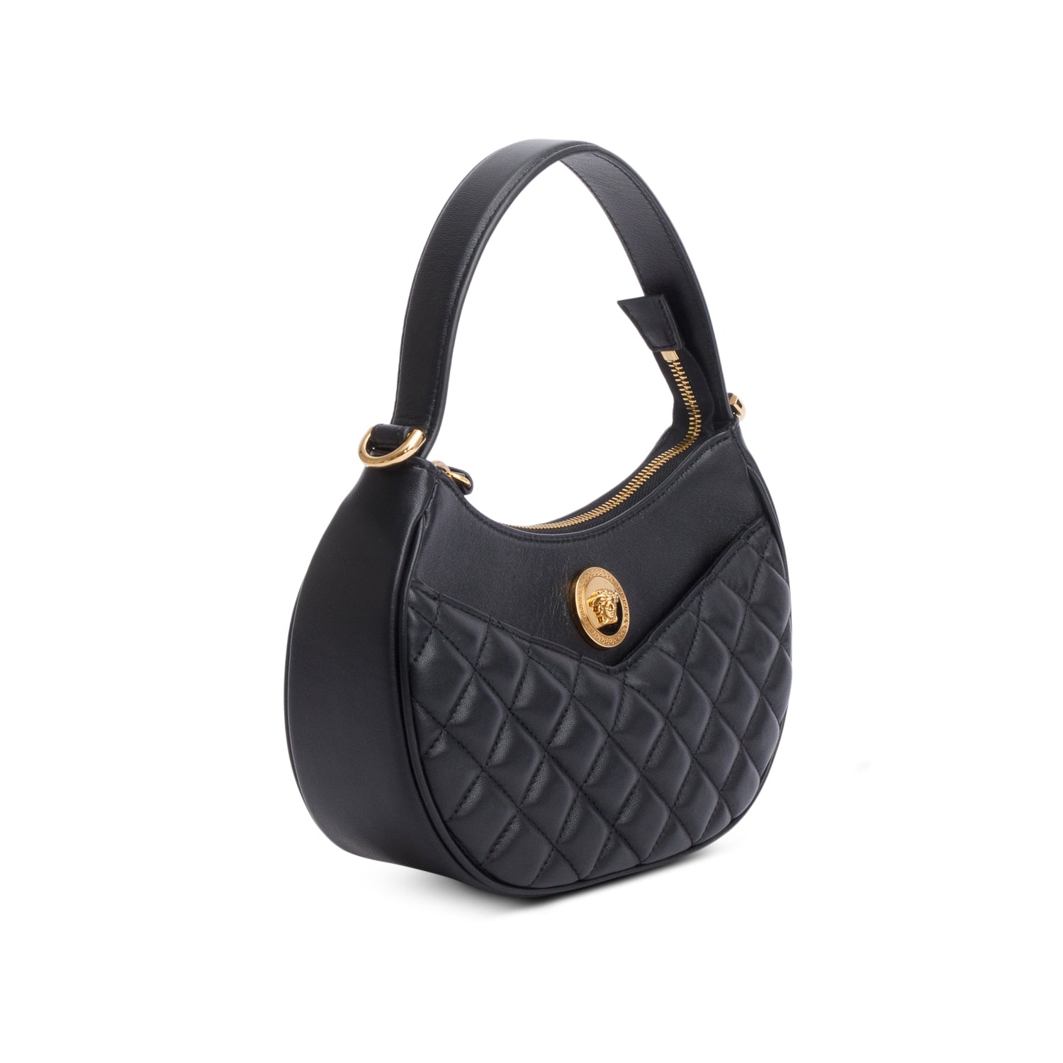 Versace Black Quilted Leather Medusa Half Moon Shoulder Bag w/ Strap