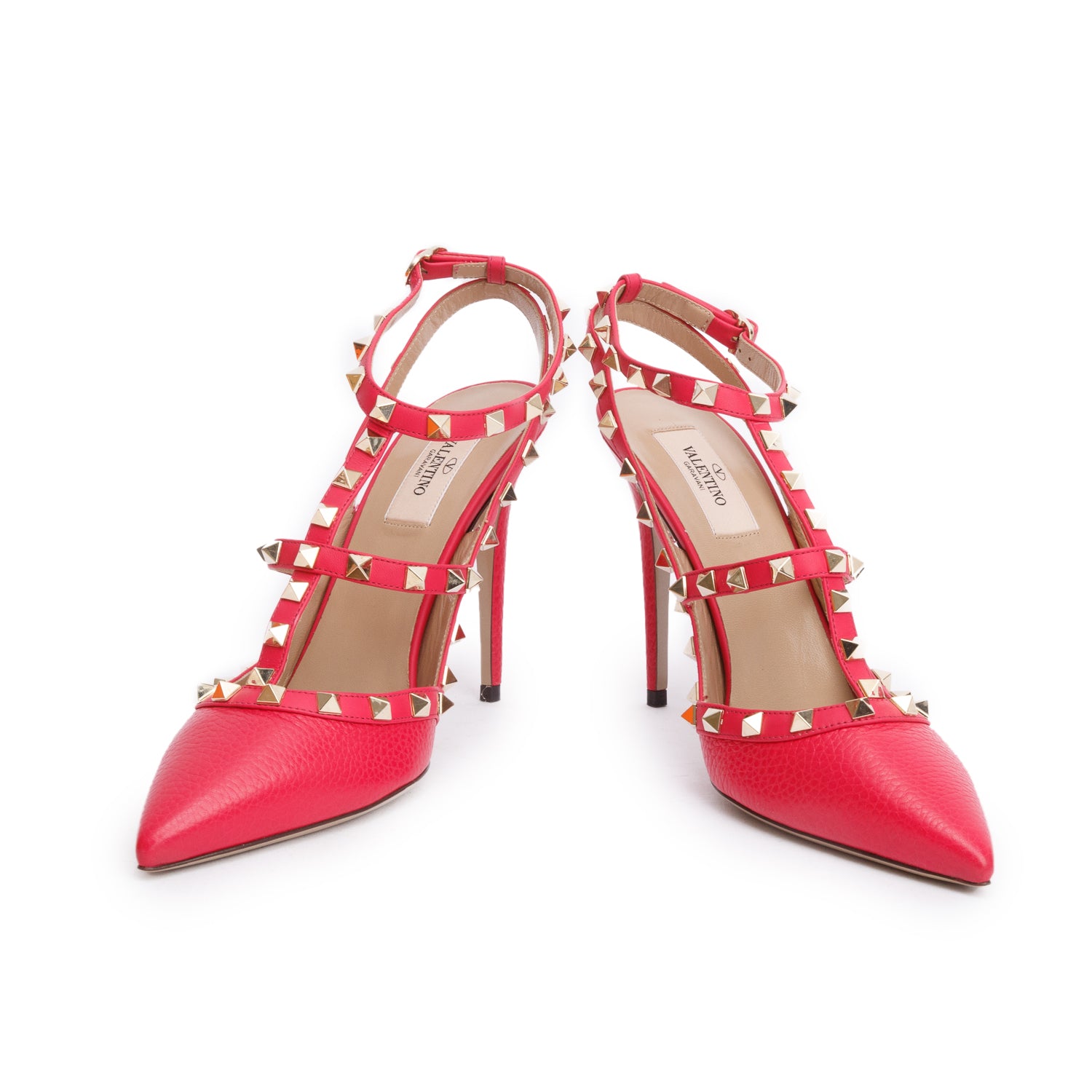 Valentino Red Leather Rockstud Ankle Strap Pumps, Size 41