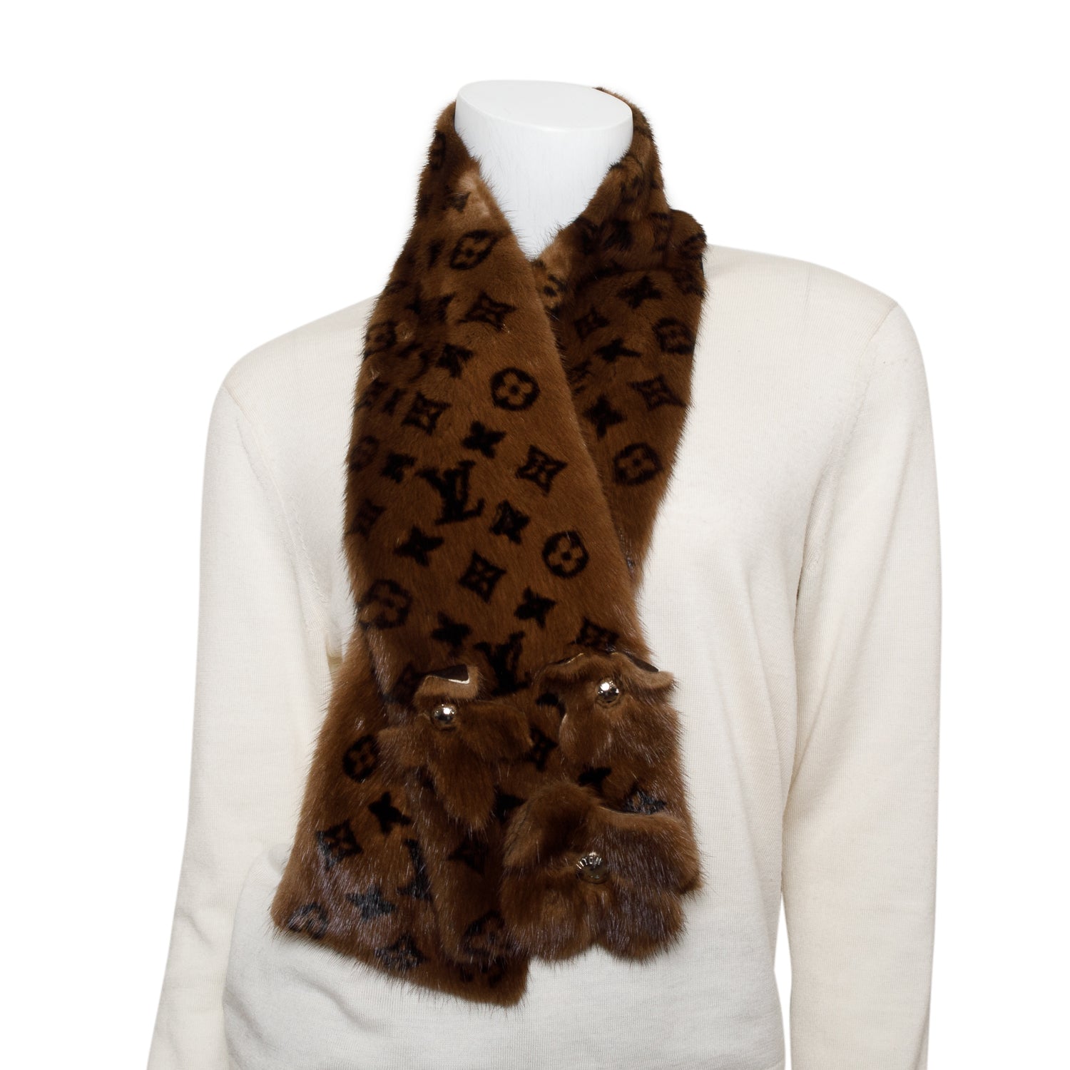 Louis Vuitton Brown Monogram Mink Fur Fleur Stole Scarf w/ Pouch