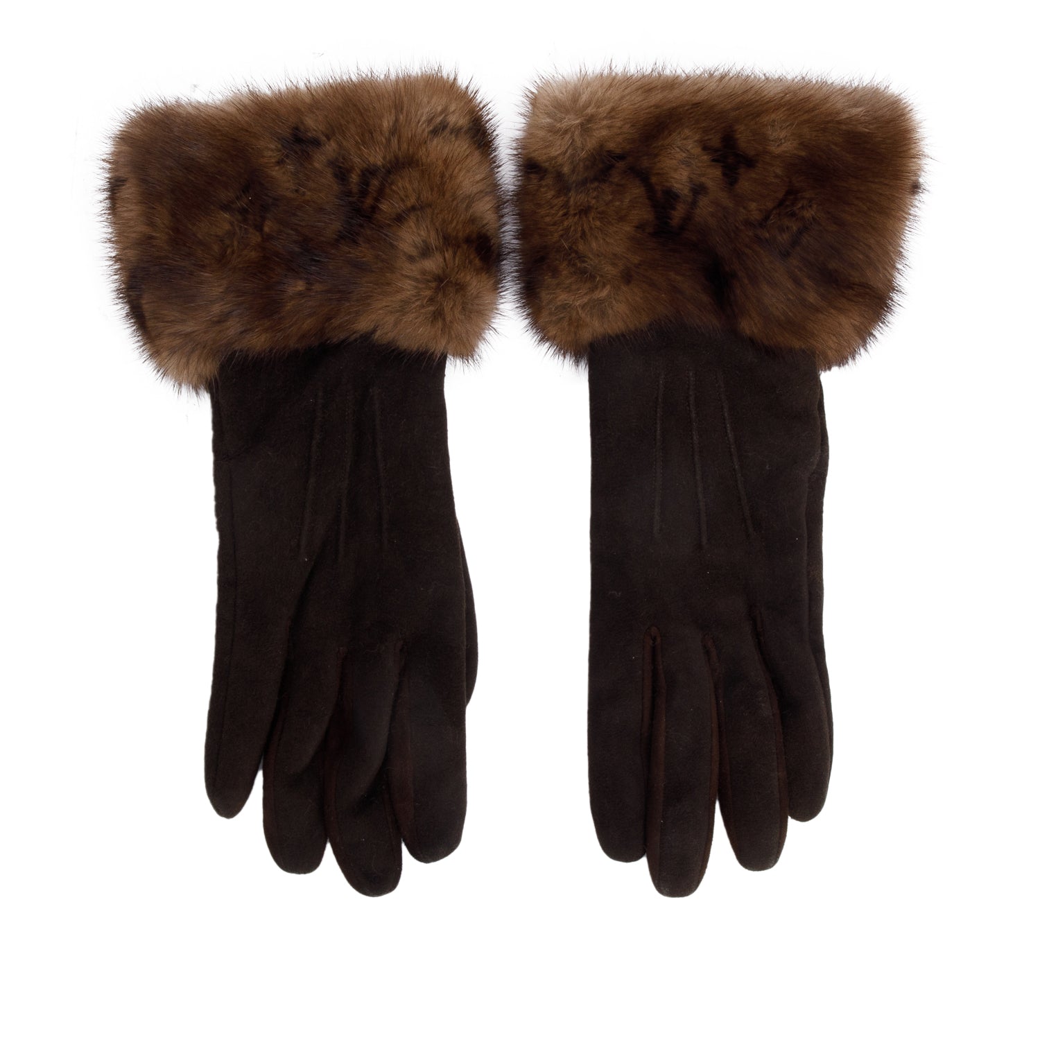 Louis Vuitton Brown Suede Monogram Cuffs Mink Gloves