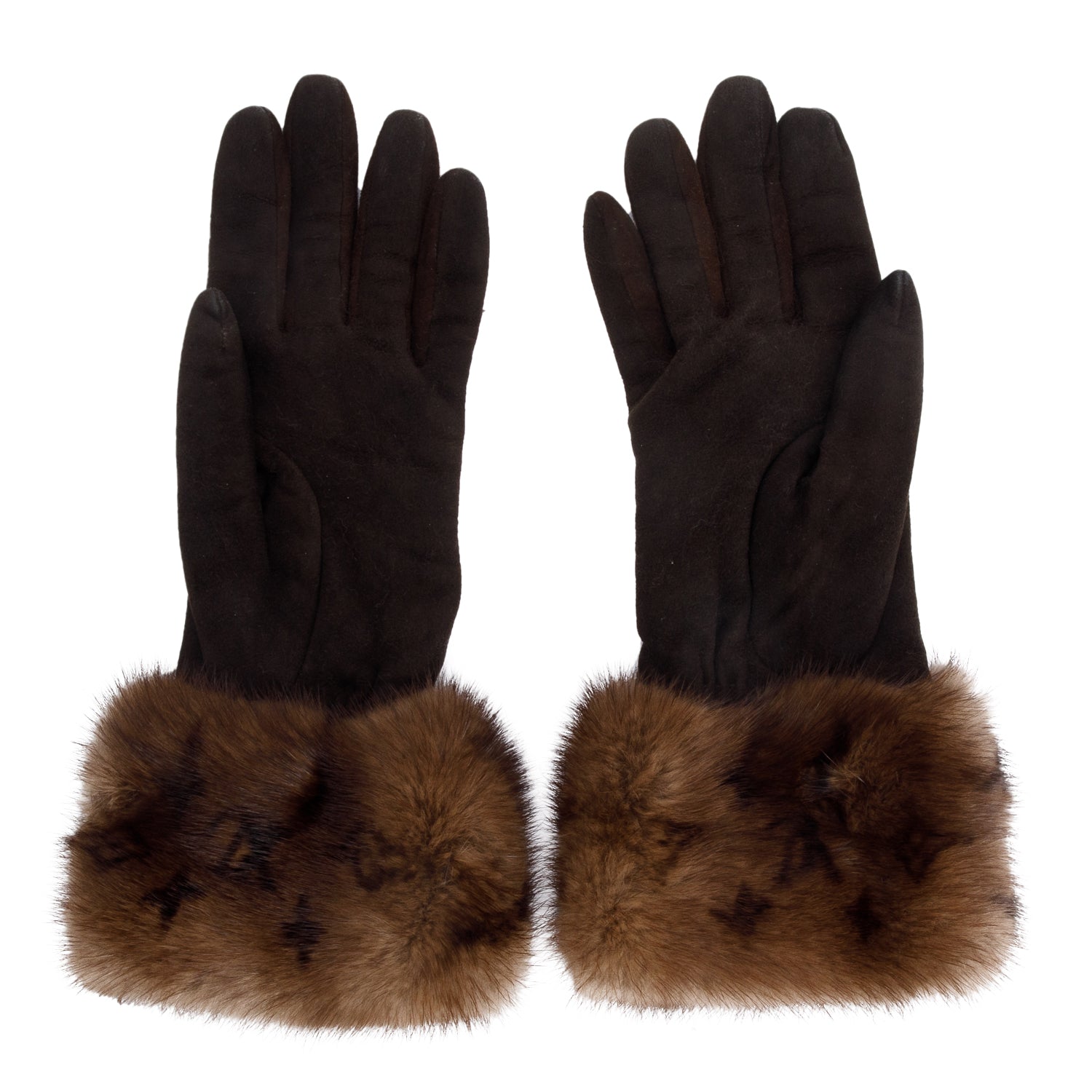 Louis Vuitton Brown Suede Monogram Cuffs Mink Gloves