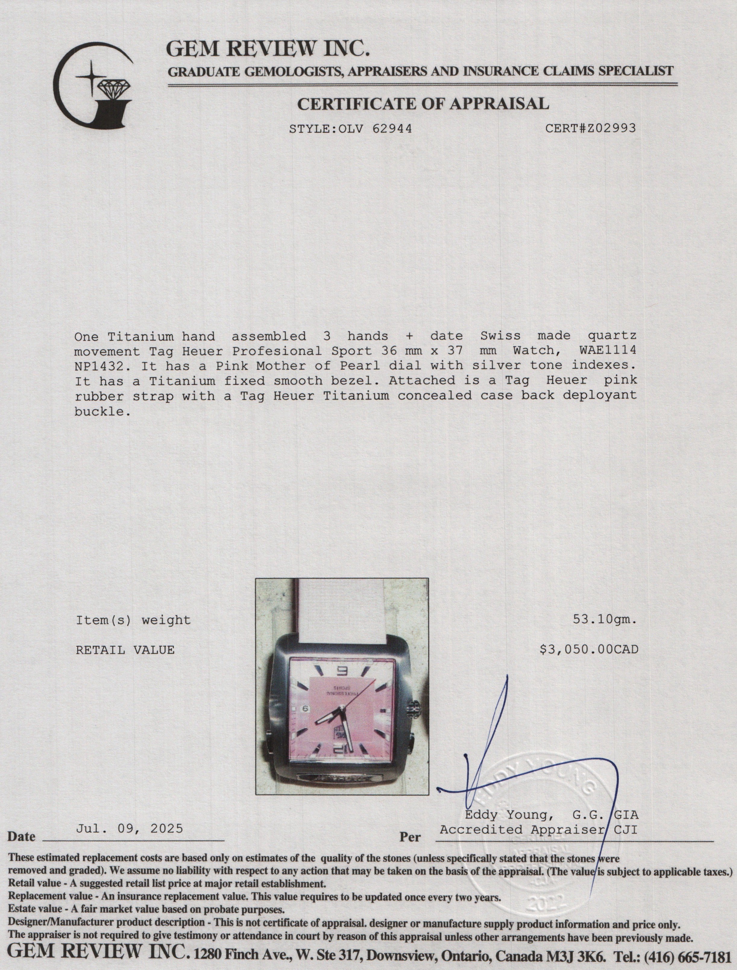 Tag Heuer Titanium Pink Mother of Pearl Dial Profesional Sport Watch w/ Box & Papers